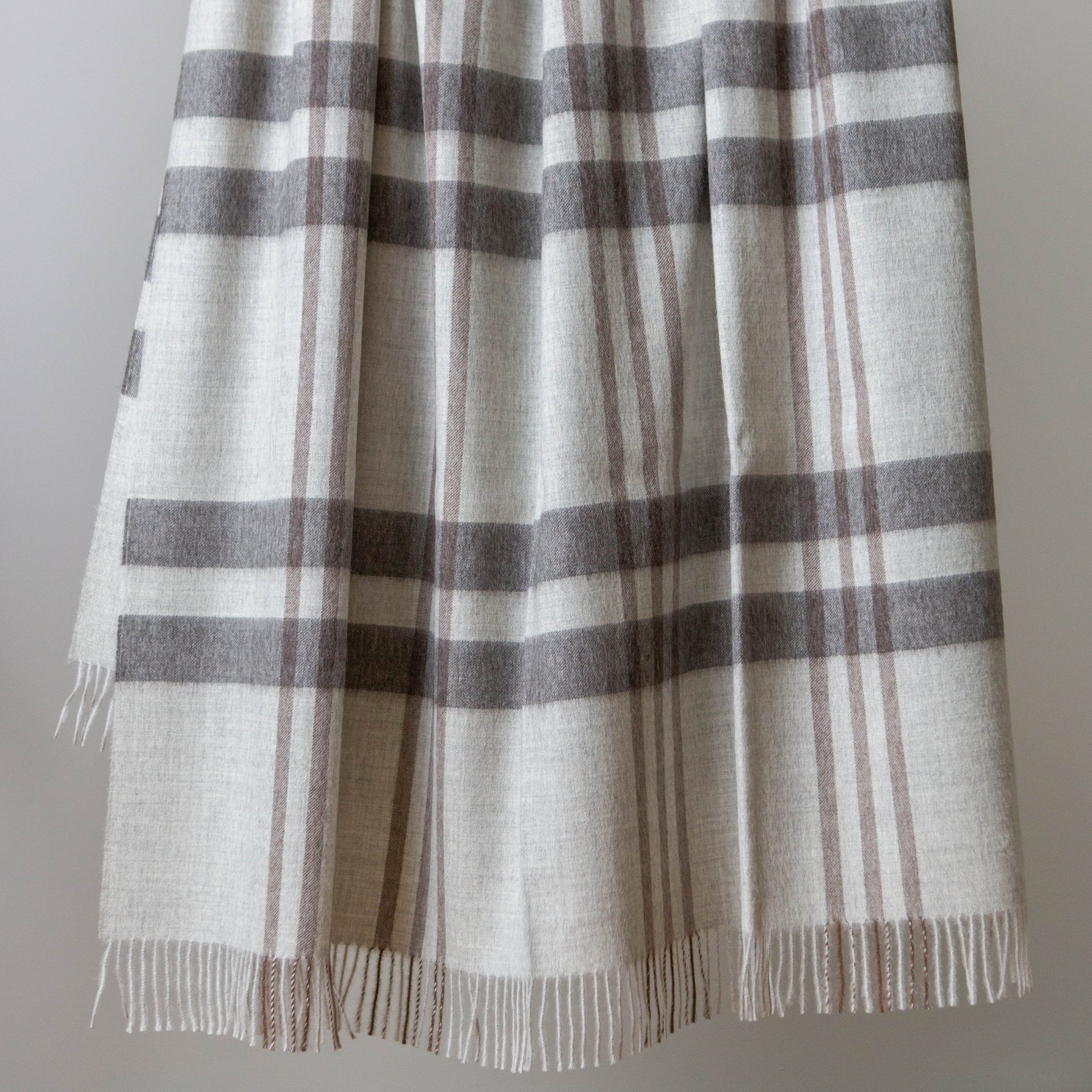 Avocado Green Mattress Alpaca Wool Throws Blanket warmth grey gray plaid fringe detail
