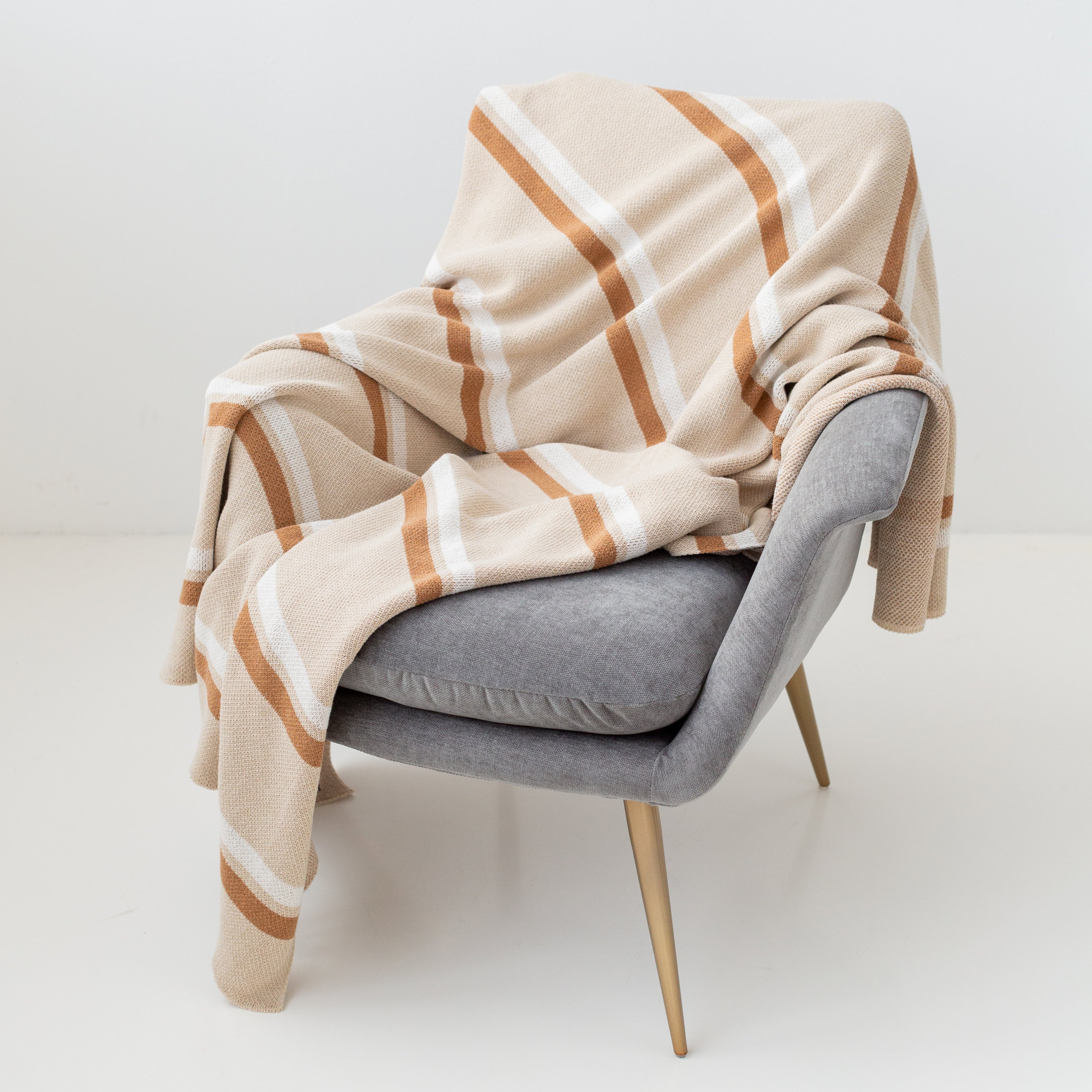 Avocado Green Mattress Luxury Throw Blankets recycled cotton stripe natural sand cream brown earth tones rust