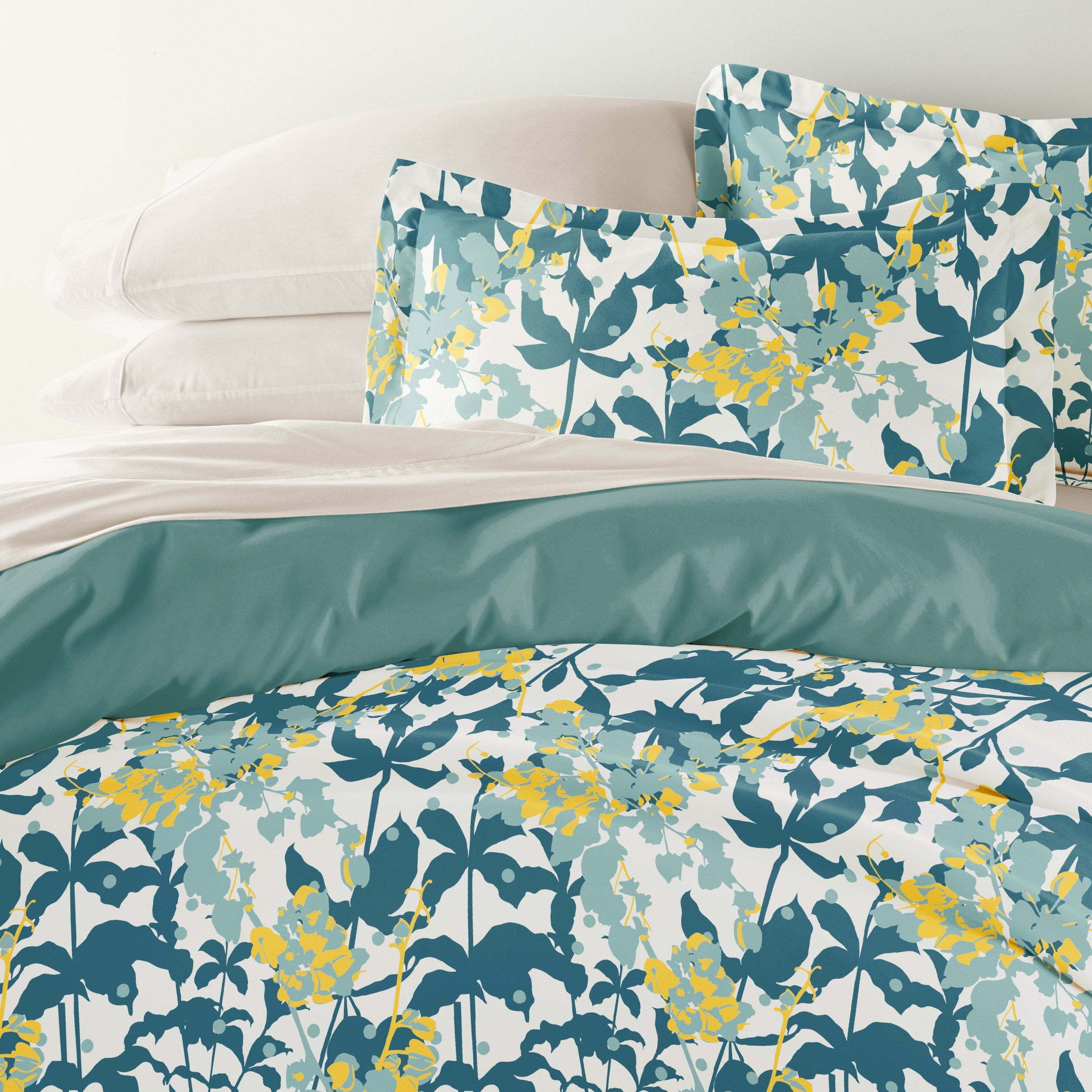 Boho Flower Teal with Ivory Sheets. Bedding Bundle: Pattern Duvet Cover Set, White Comforter and Solid Sheet Set