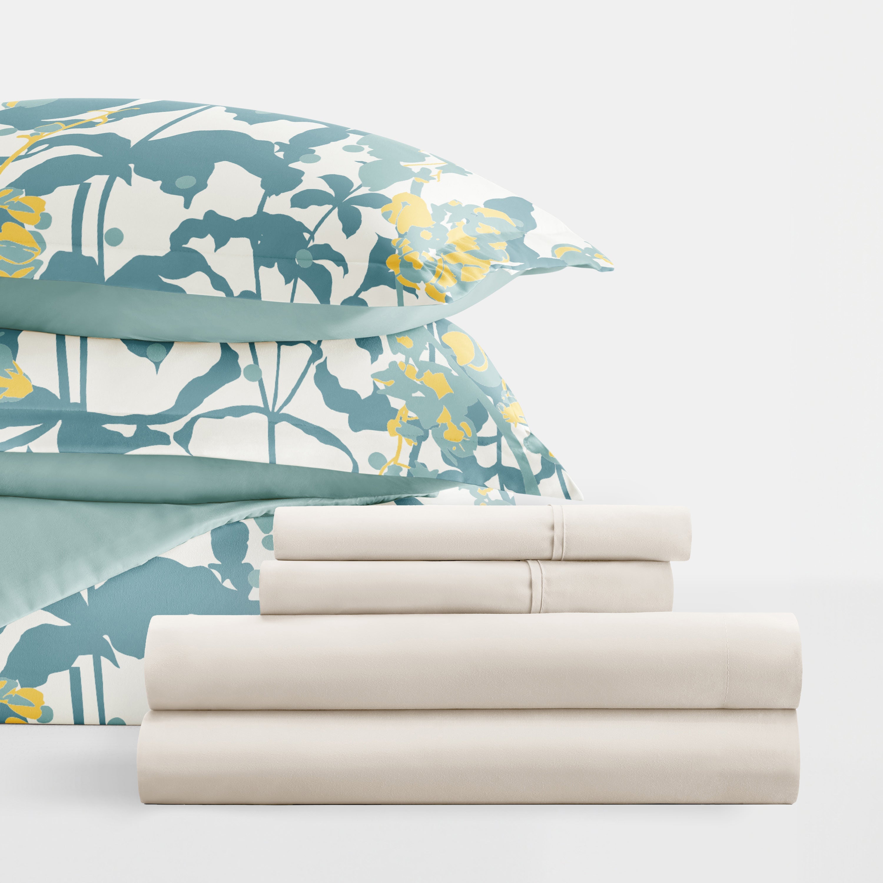 Boho Flower Teal with Ivory Sheets. Bedding Bundle: Pattern Duvet Cover Set, White Comforter and Solid Sheet Set