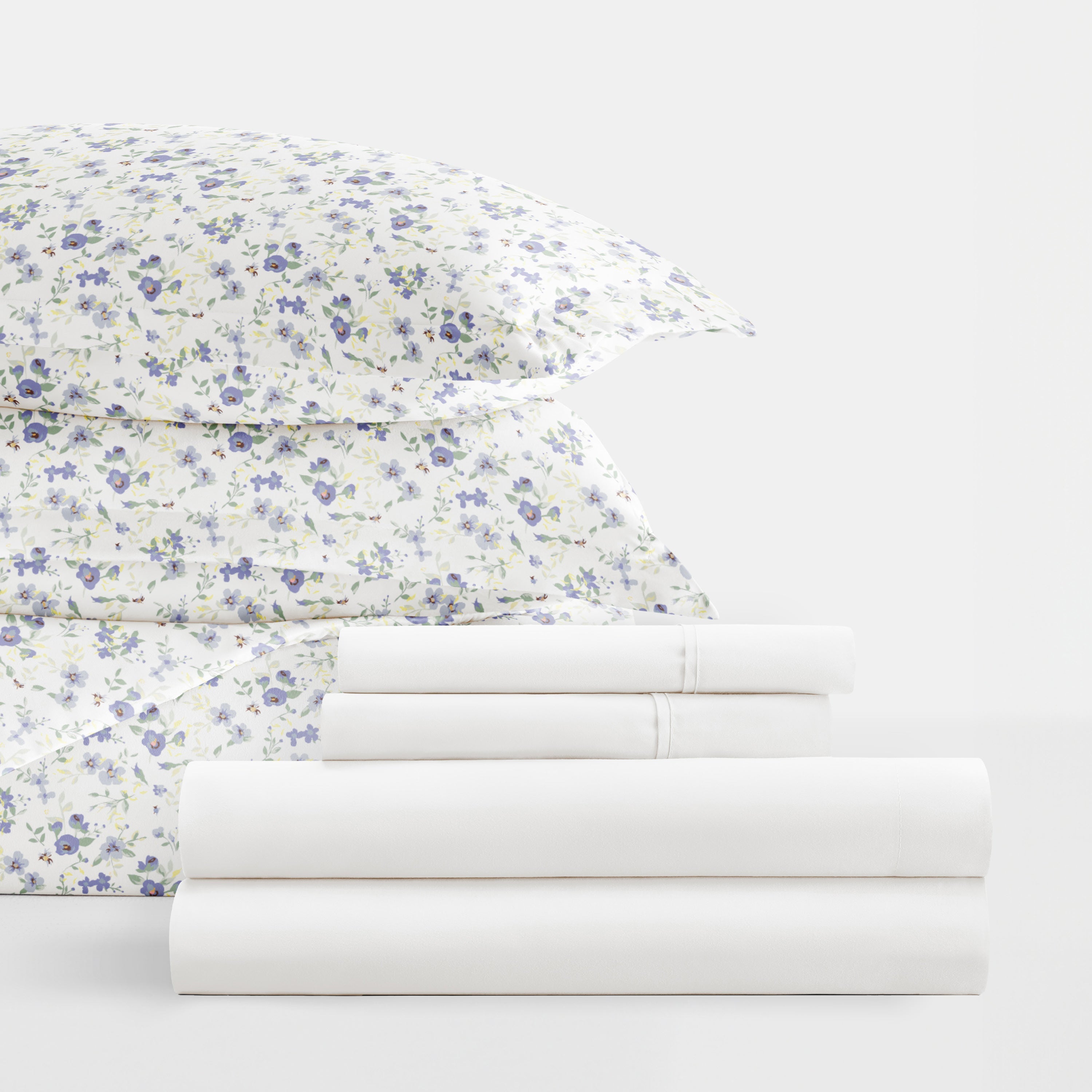 Blossoms Light Blue with White Sheets.Bedding Bundle: Pattern Duvet Cover Set, White Comforter and Solid Sheet Set