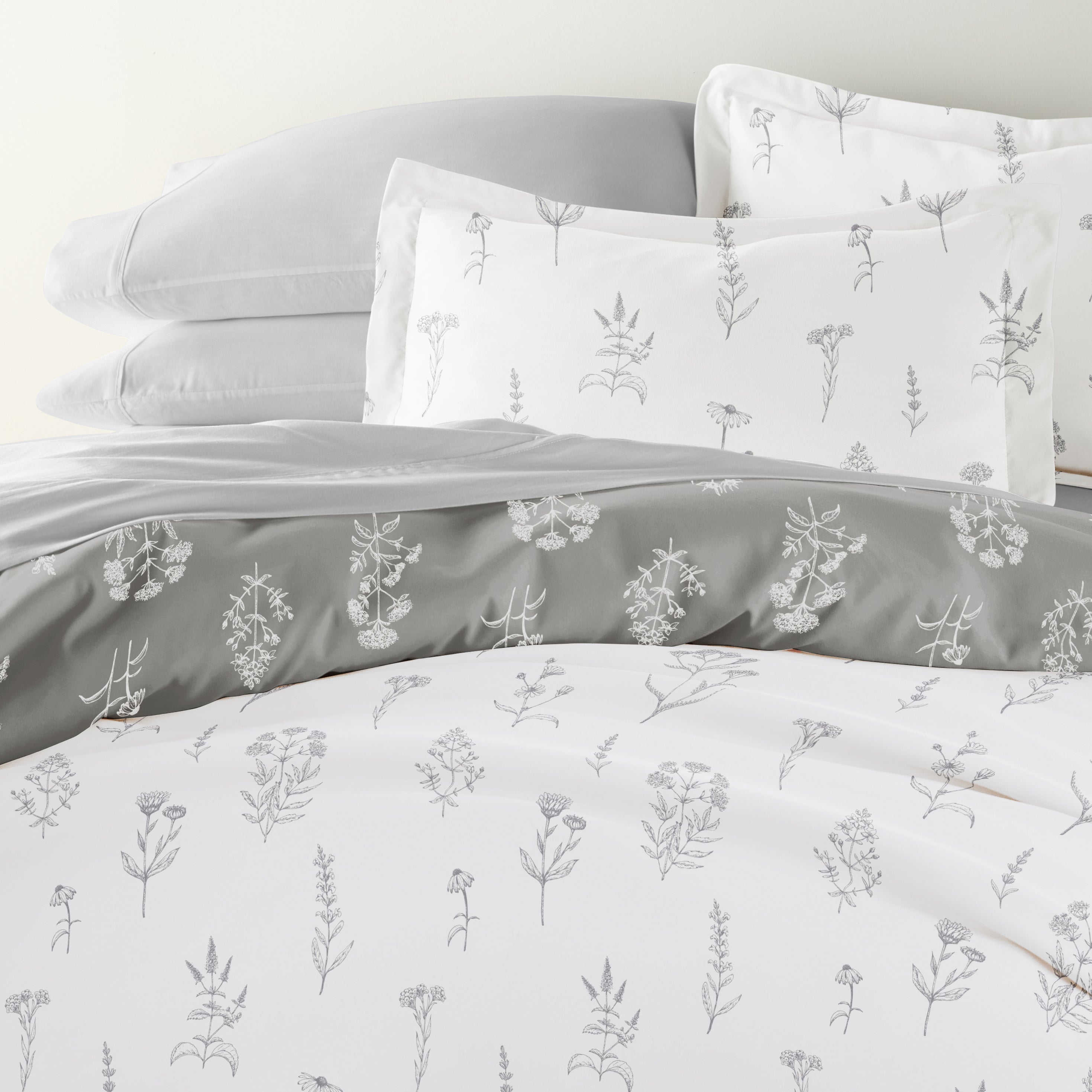 Botany Floral Light Gray with Light Gray Sheets.Bedding Bundle: Pattern Duvet Cover Set, White Comforter and Solid Sheet Set
