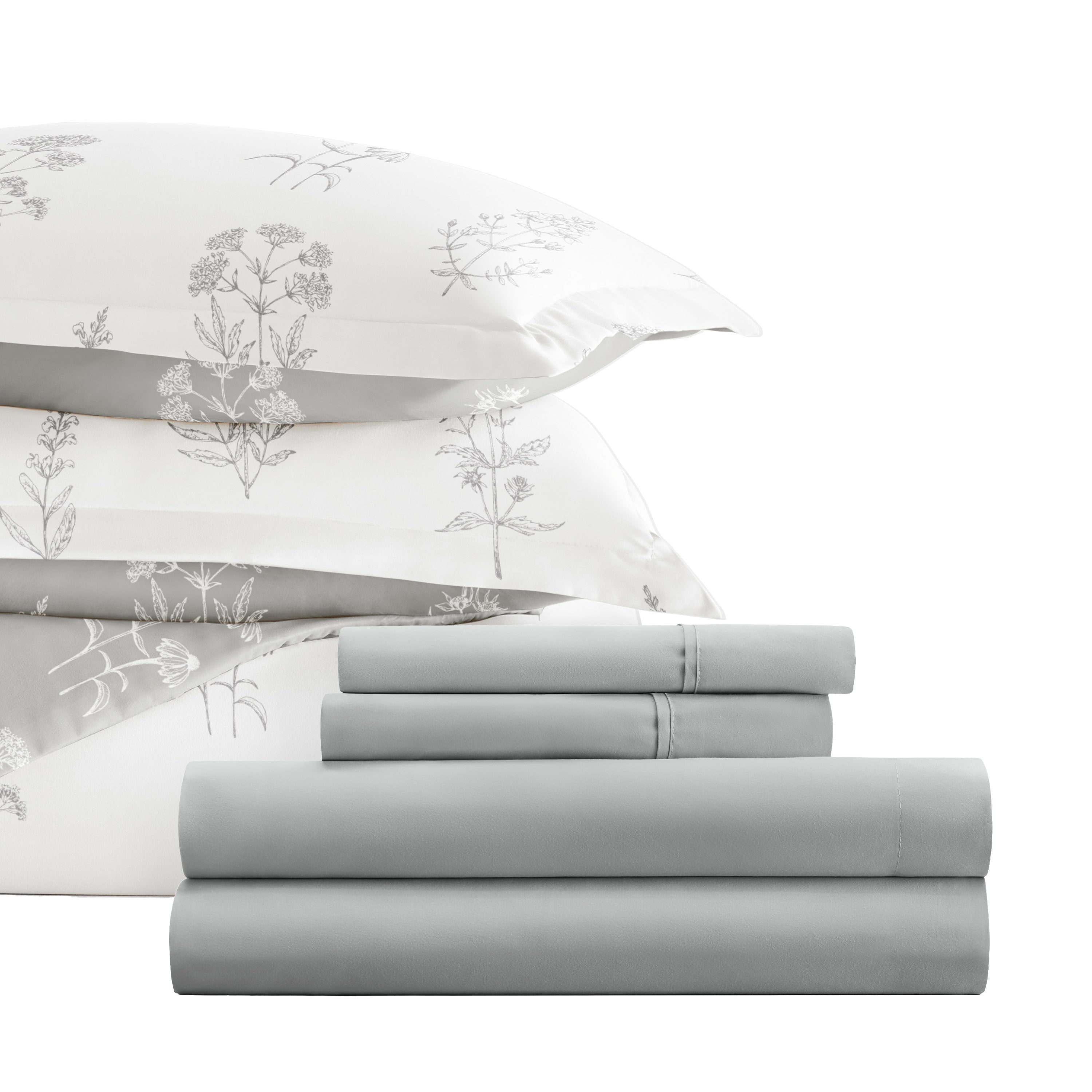 Botany Floral Light Gray with Light Gray Sheets.Bedding Bundle: Pattern Duvet Cover Set, White Comforter and Solid Sheet Set