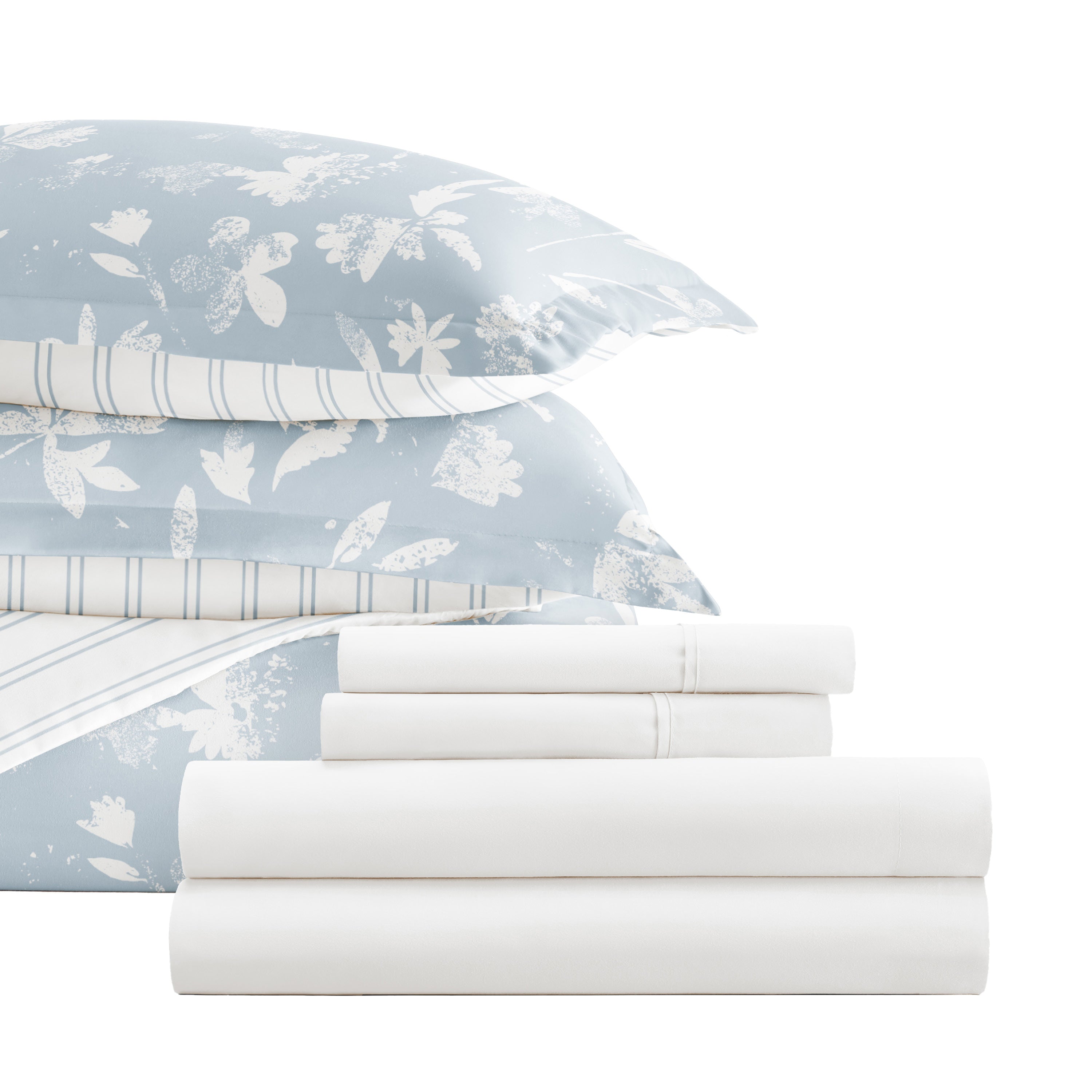 Country Home Light Blue with White Sheets.Bedding Bundle: Pattern Duvet Cover Set, White Comfort and Solid Sheet Set
