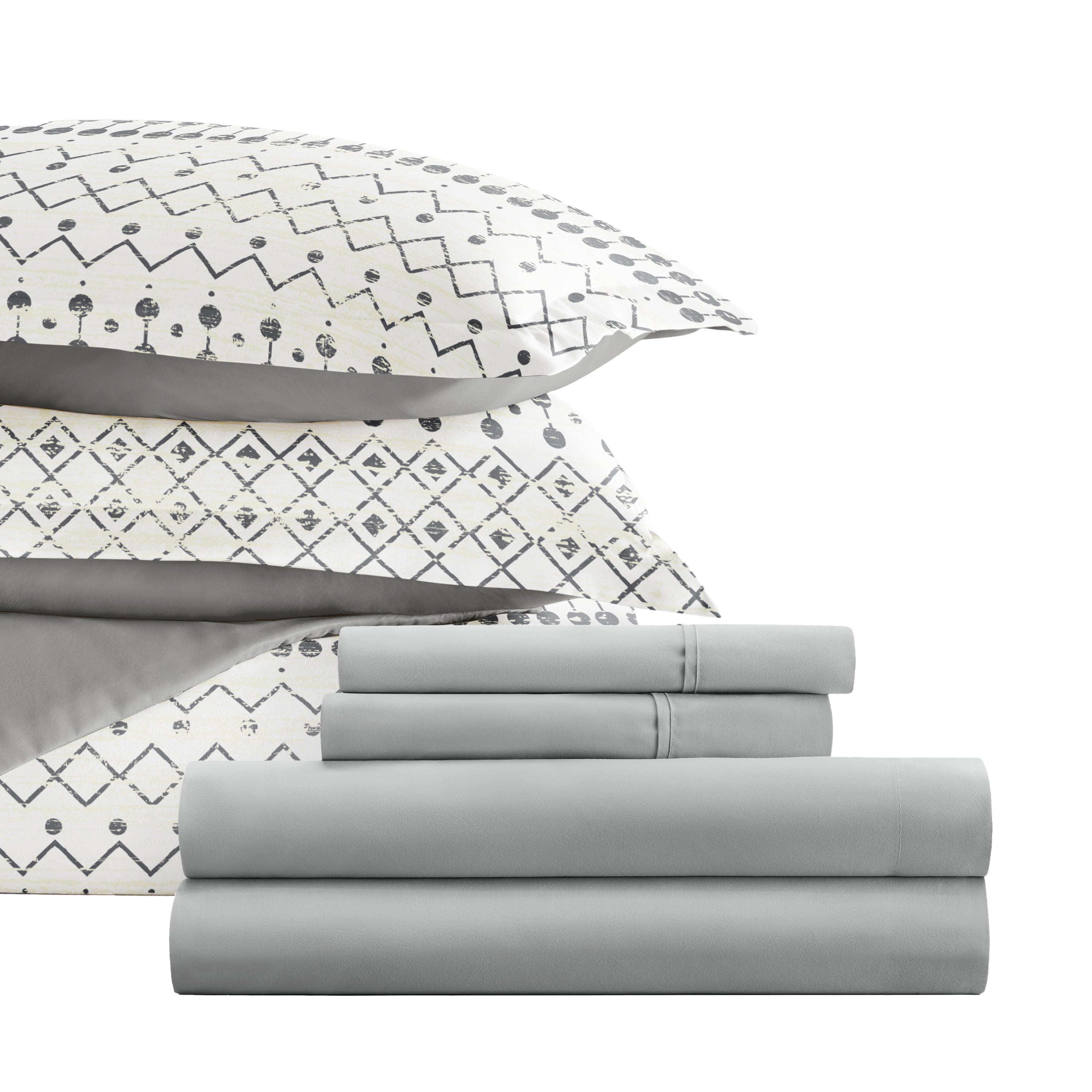 Etched Gate Gray with Light Gray Sheets.Bedding Bundle: Pattern Duvet Cover Set, White Comforter and Solid Sheet Set
