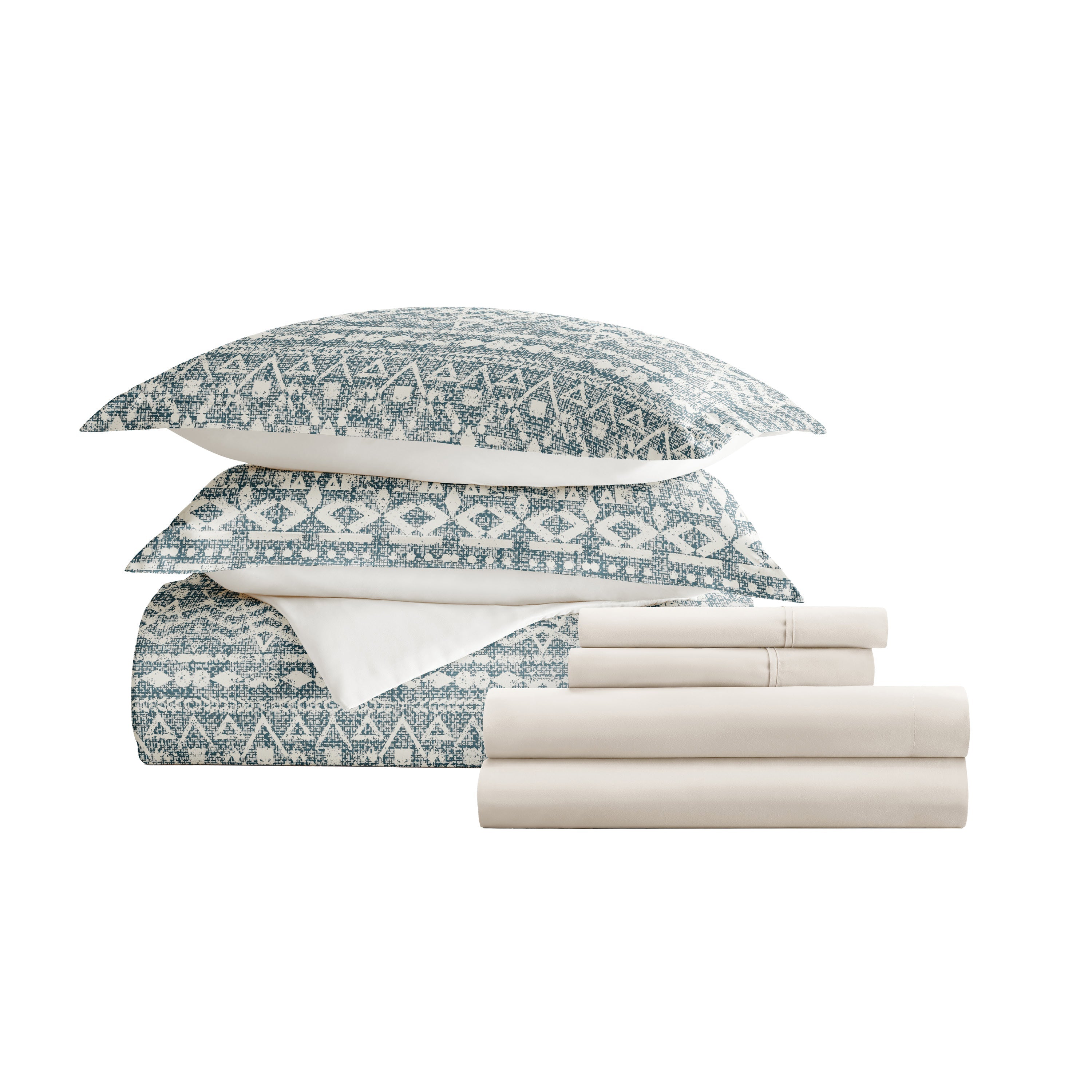 Modern Rustic Navy with Ivory Sheets.Bedding Bundle: Pattern Duvet Cover Set, White Comforter and Solid Sheet Set