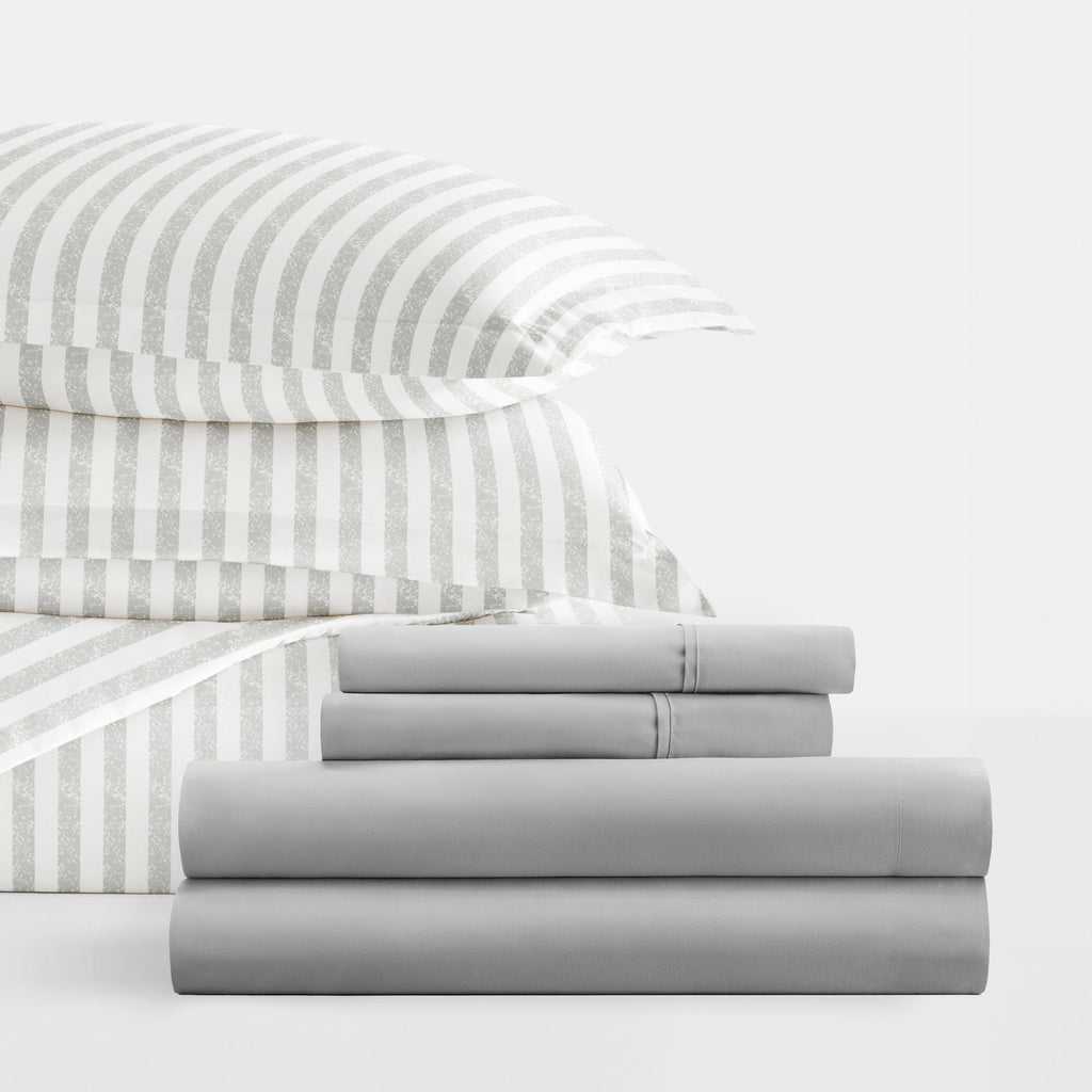 Puffed Stripes Light Gray with Light Gray Sheets.Bedding Bundle: Pattern Duvet Cover Set, White Comforter and Solid Sheet Set