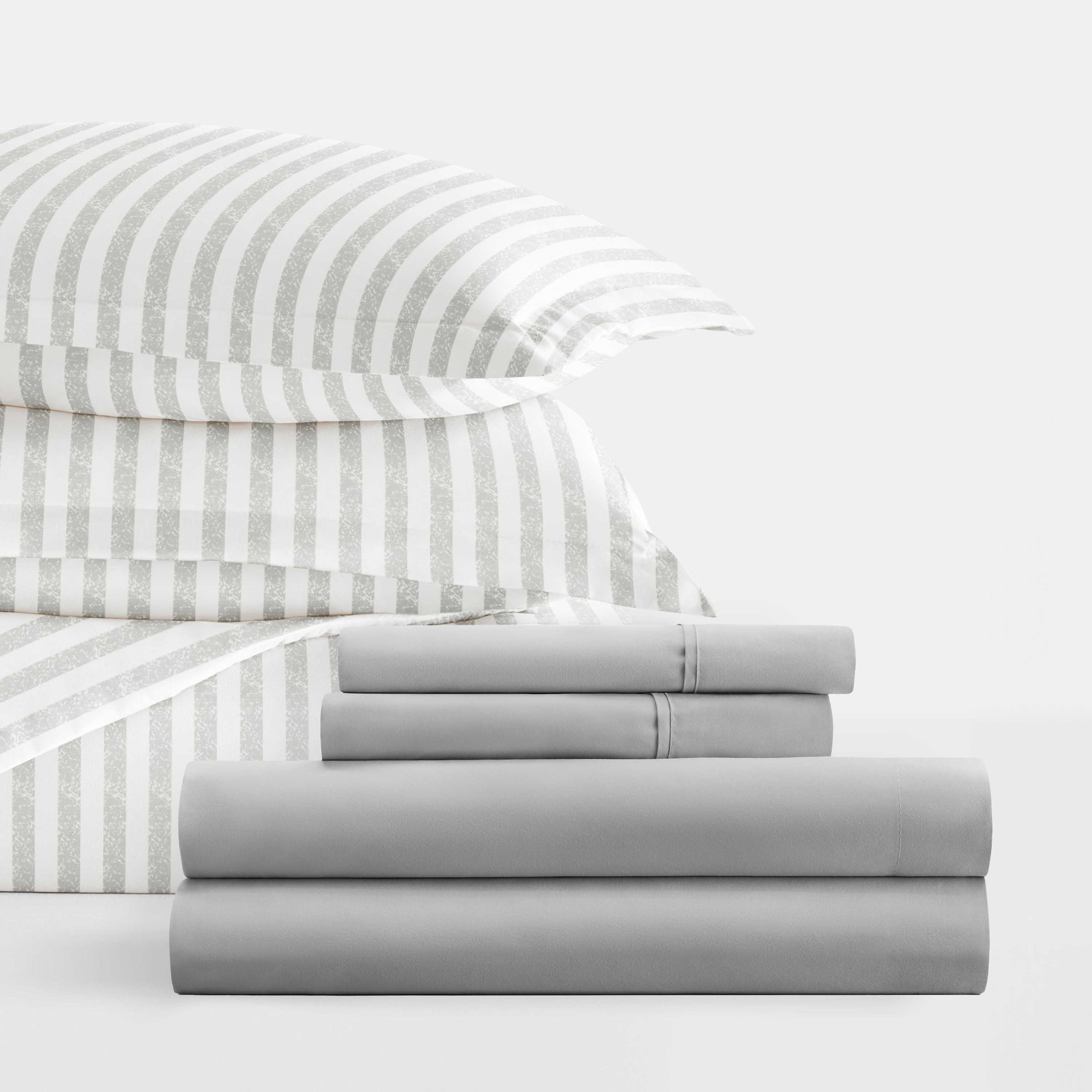 Puffed Stripes Light Gray with Light Gray Sheets.Bedding Bundle: Pattern Duvet Cover Set, White Comforter and Solid Sheet Set