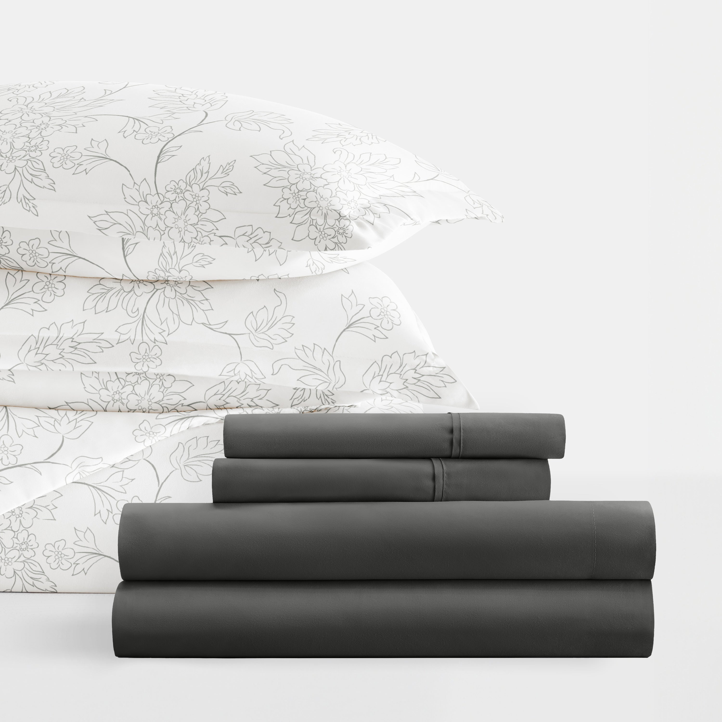 Vines Gray with Light Gray Sheets.Bedding Bundle: Pattern Duvet Cover Set, White Comforter and Solid Sheet Set