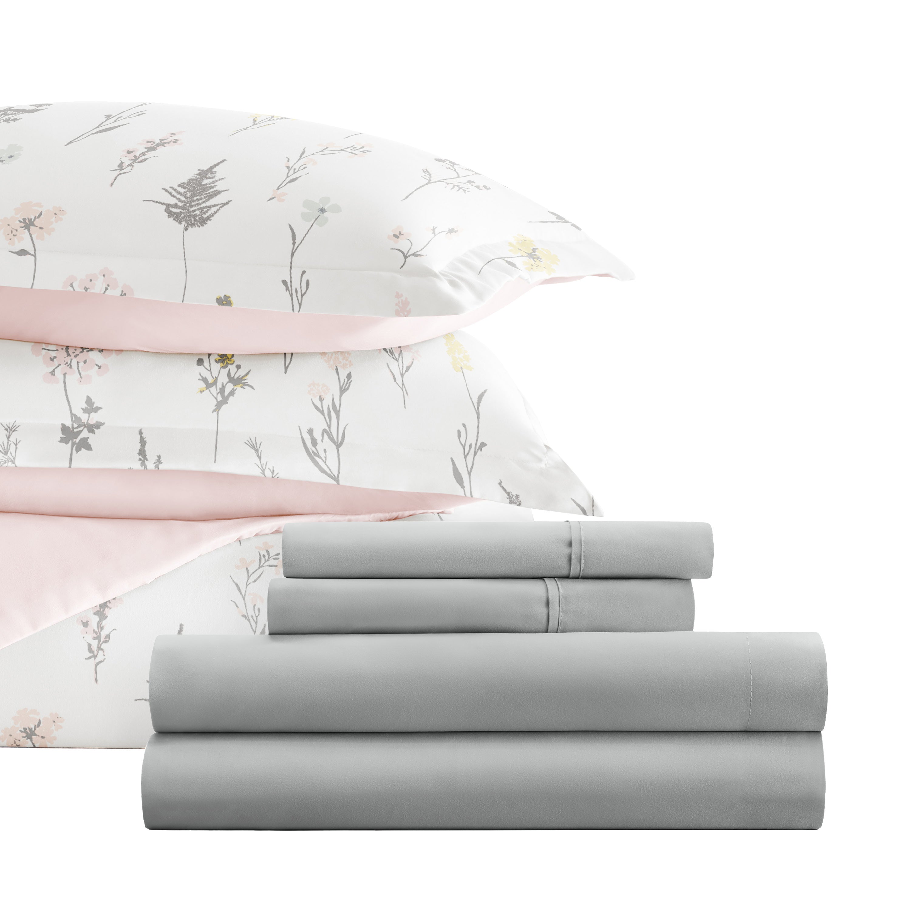 Wildflower Pink with Light Gray Sheets Bedding Bundle: Pattern Duvet Cover Set, White Comforter and Solid Sheet Set