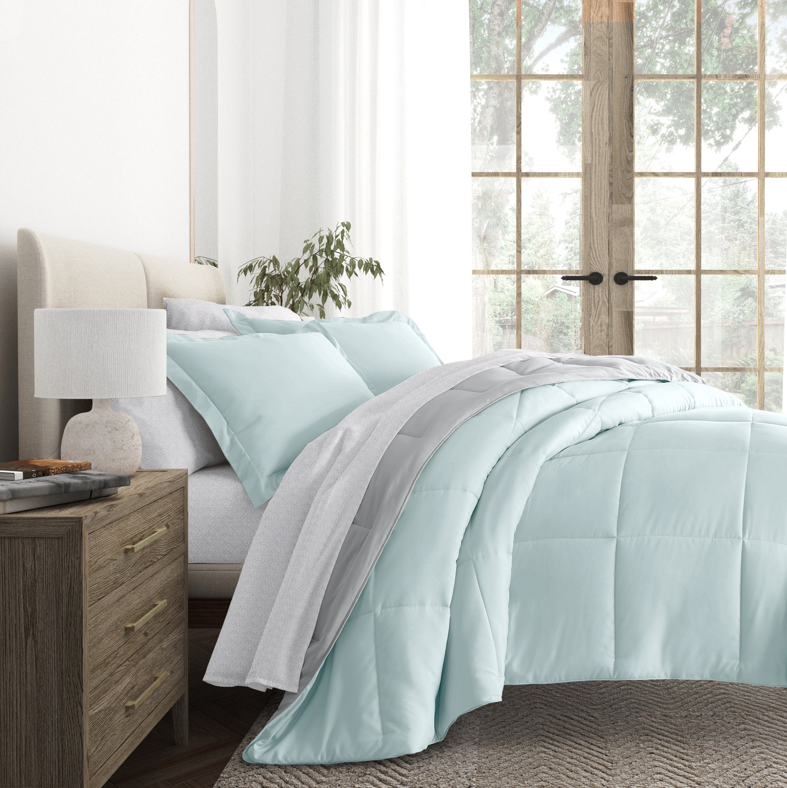 Aqua/Light Gray Reversible Comforter with Chambray White Pattern Sheets