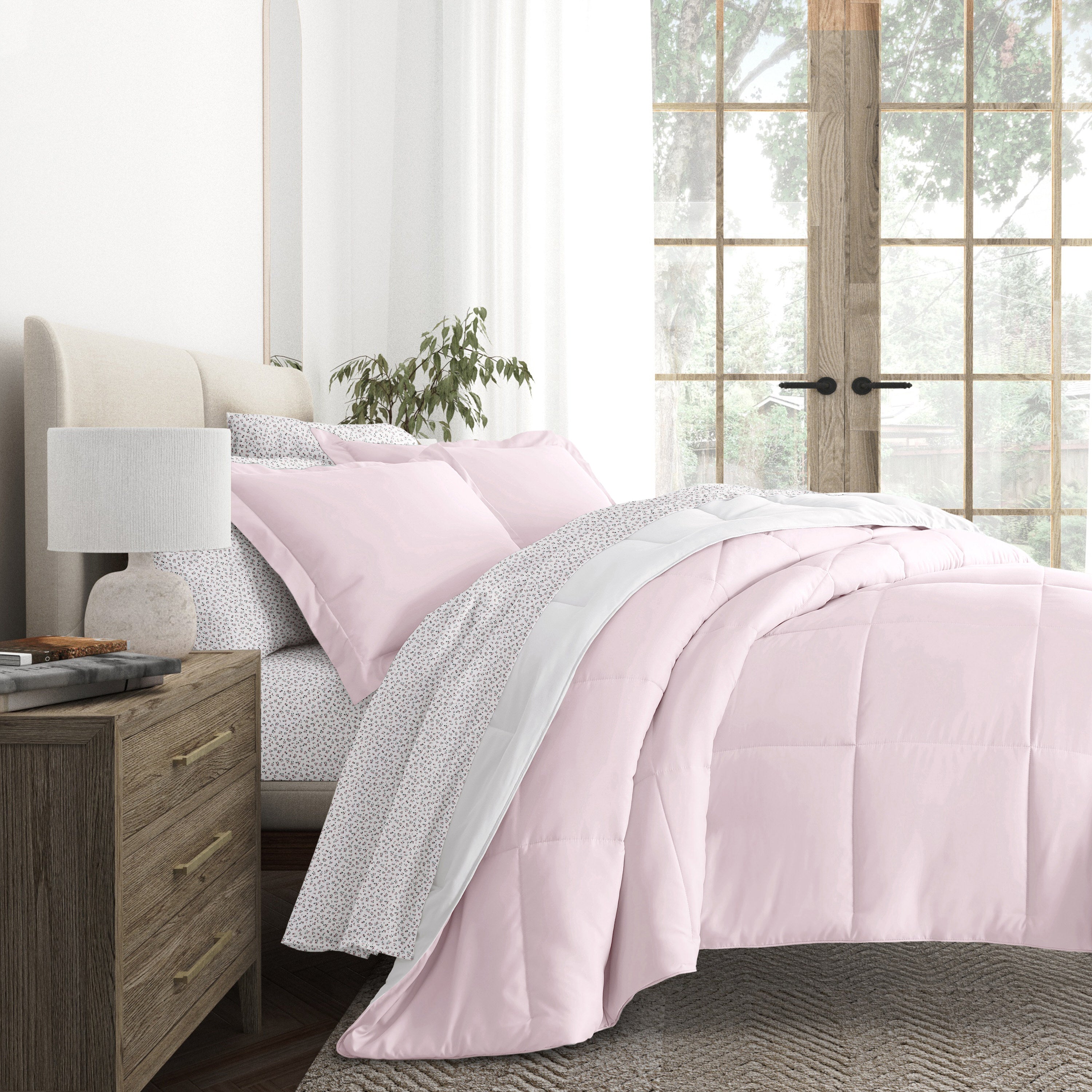 Blush/White Reversible Comforter with Ditsy Floral Mauve Pattern Sheets