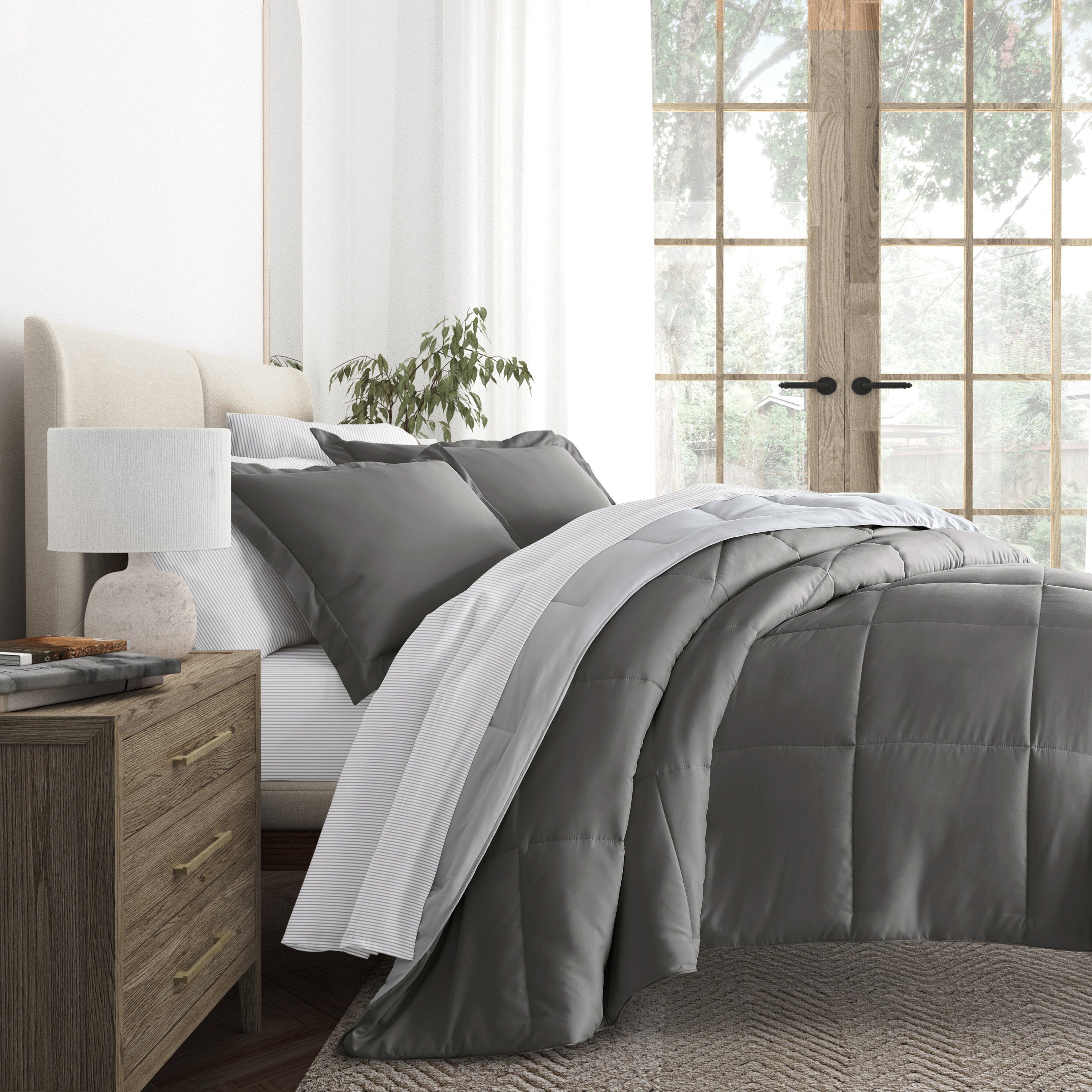 Gray/Light Gray Reversible Comforter with Pinstriped Light Gray Pattern Sheets