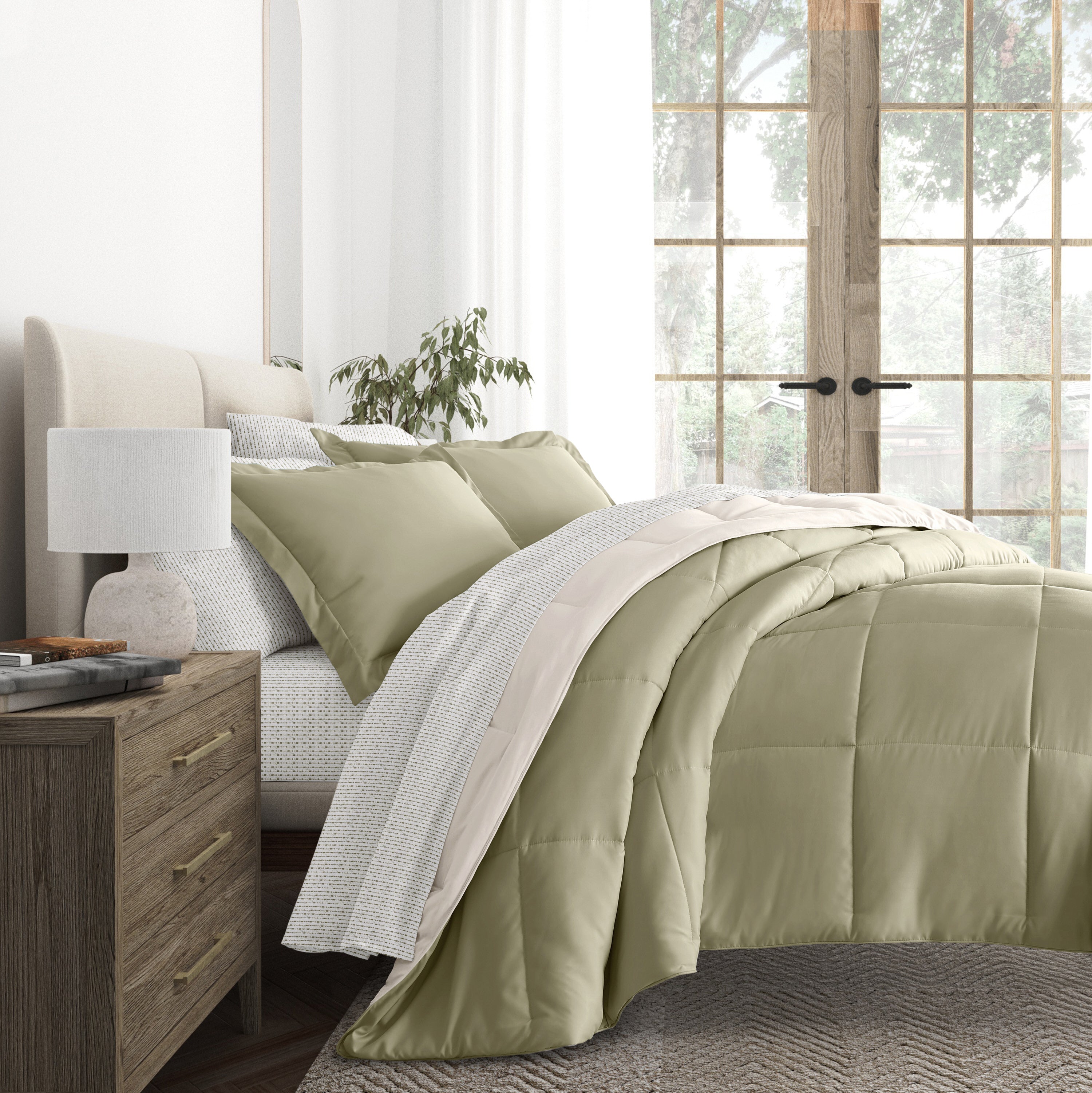 Sage/Ivory Reversible Comforter with Beaded Arrows Sage Pattern Sheets