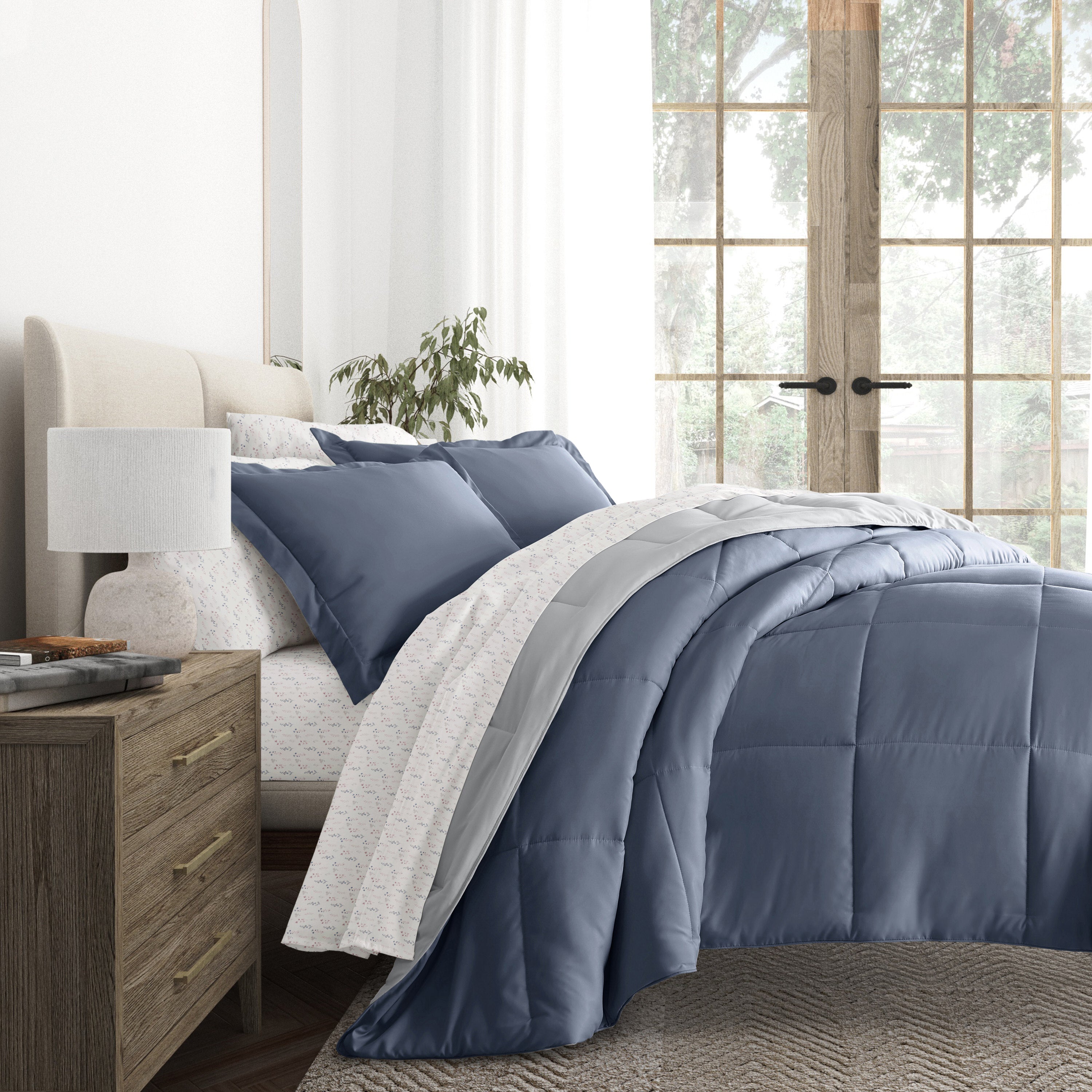 Stone/Light Gray Reversible Comforter with Painted Meadow Ivory Tone Pattern Sheets