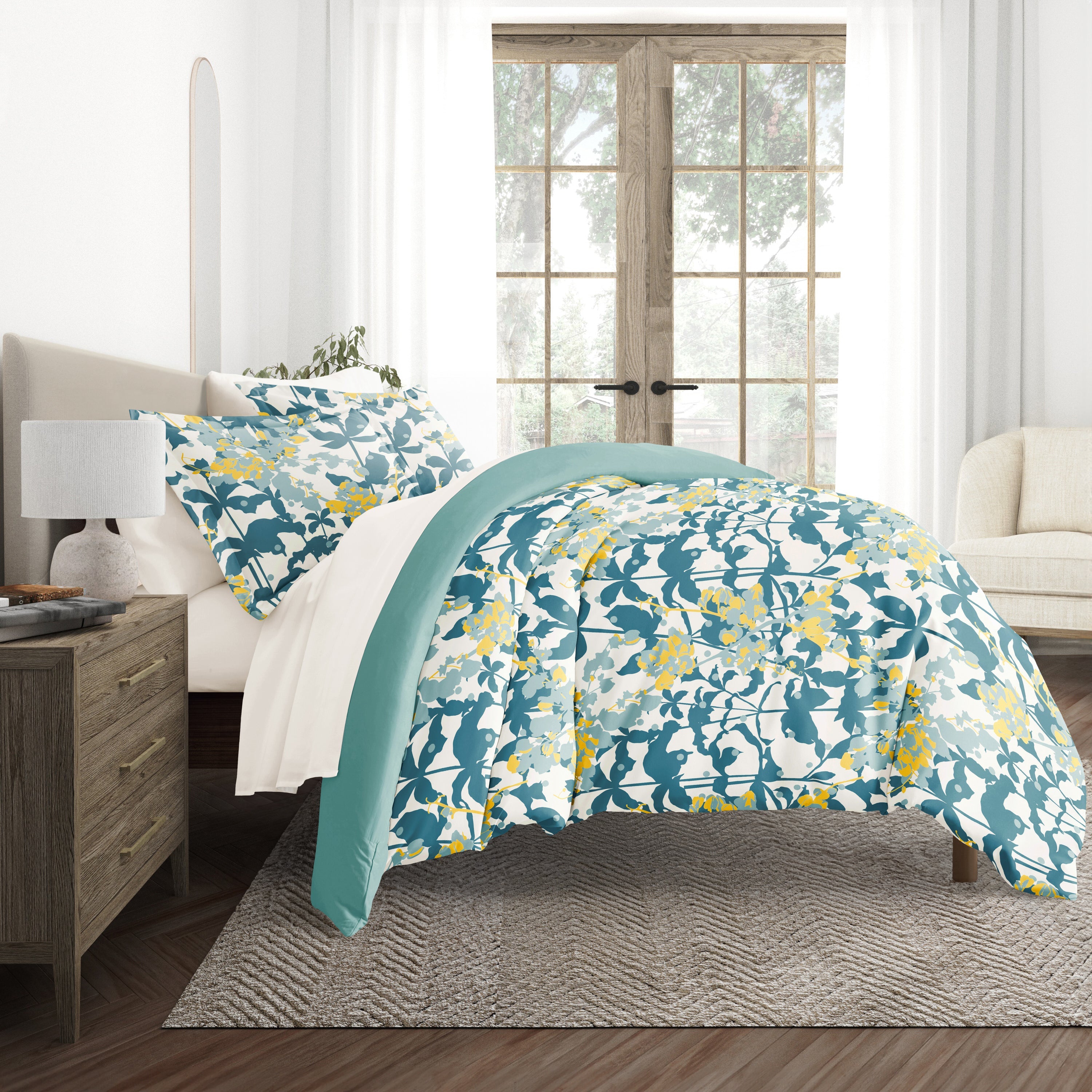 Boho Flower Teal with Ivory Sheets. Bedding Bundle: Pattern Duvet Cover Set, White Comforter and Solid Sheet Set
