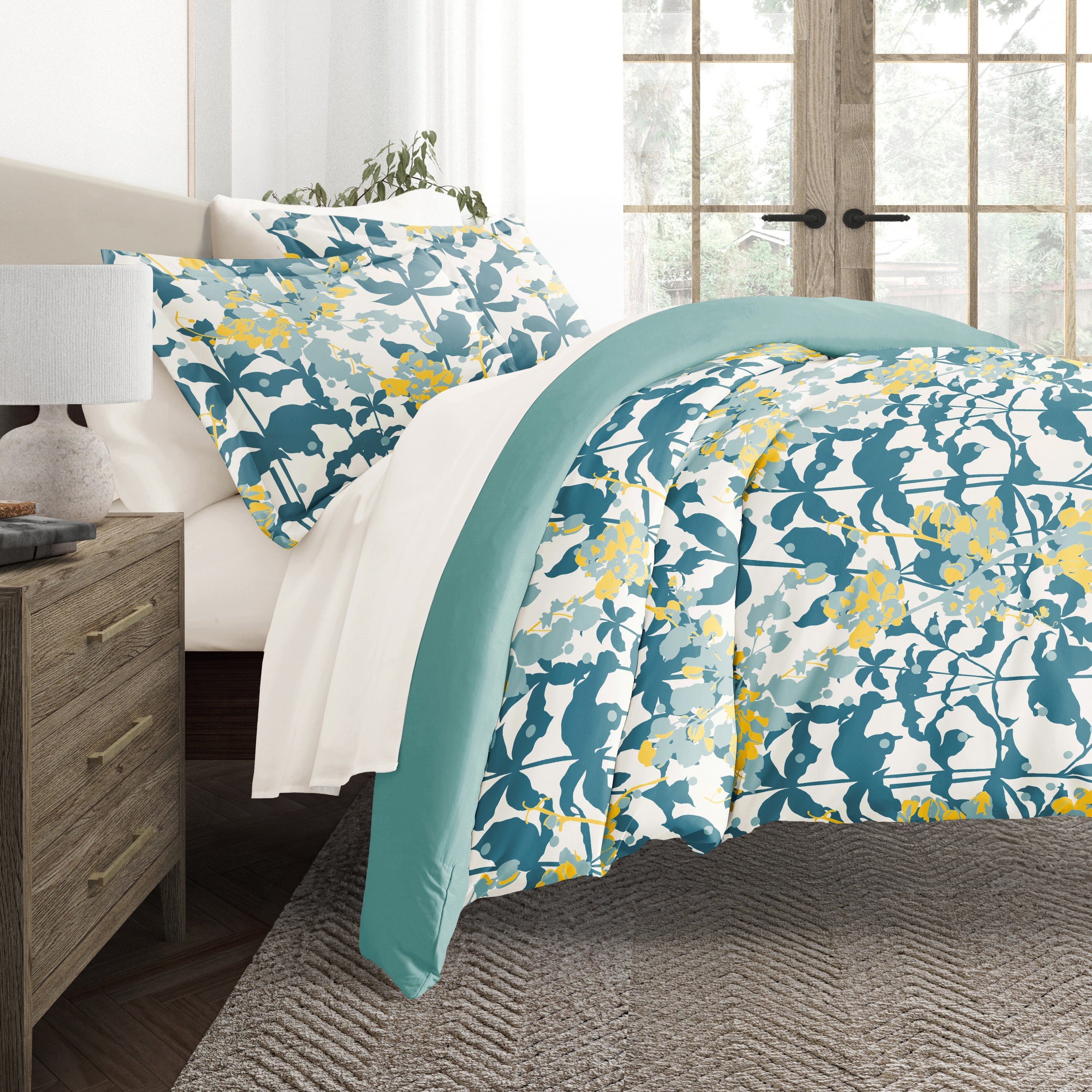 Boho Flower Teal with Ivory Sheets. Bedding Bundle: Patterned Duvet Cover Set, White Comforter and Solid Sheet Set
