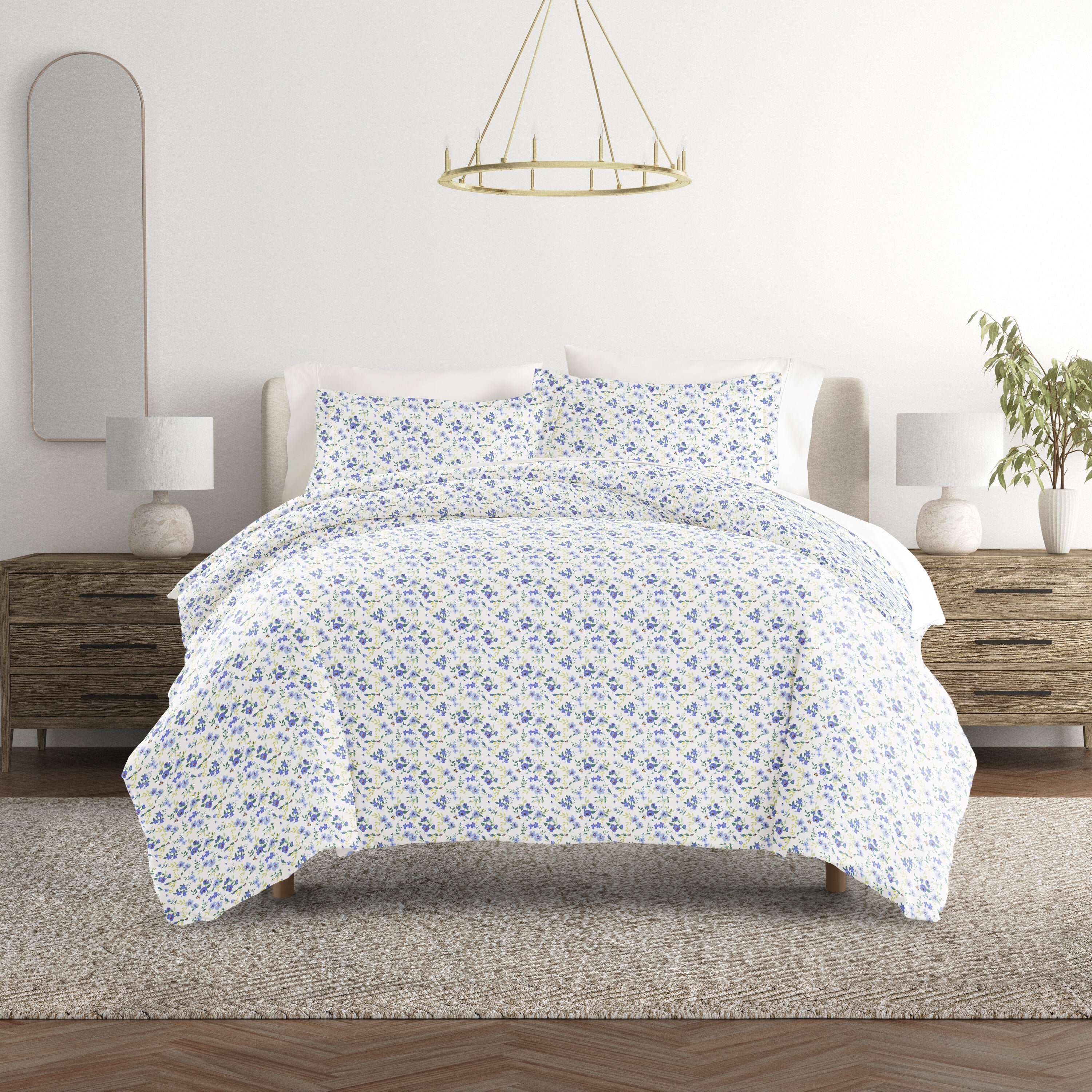 Blossoms Light Blue with White Sheets.Bedding Bundle: Pattern Duvet Cover Set, White Comforter and Solid Sheet Set