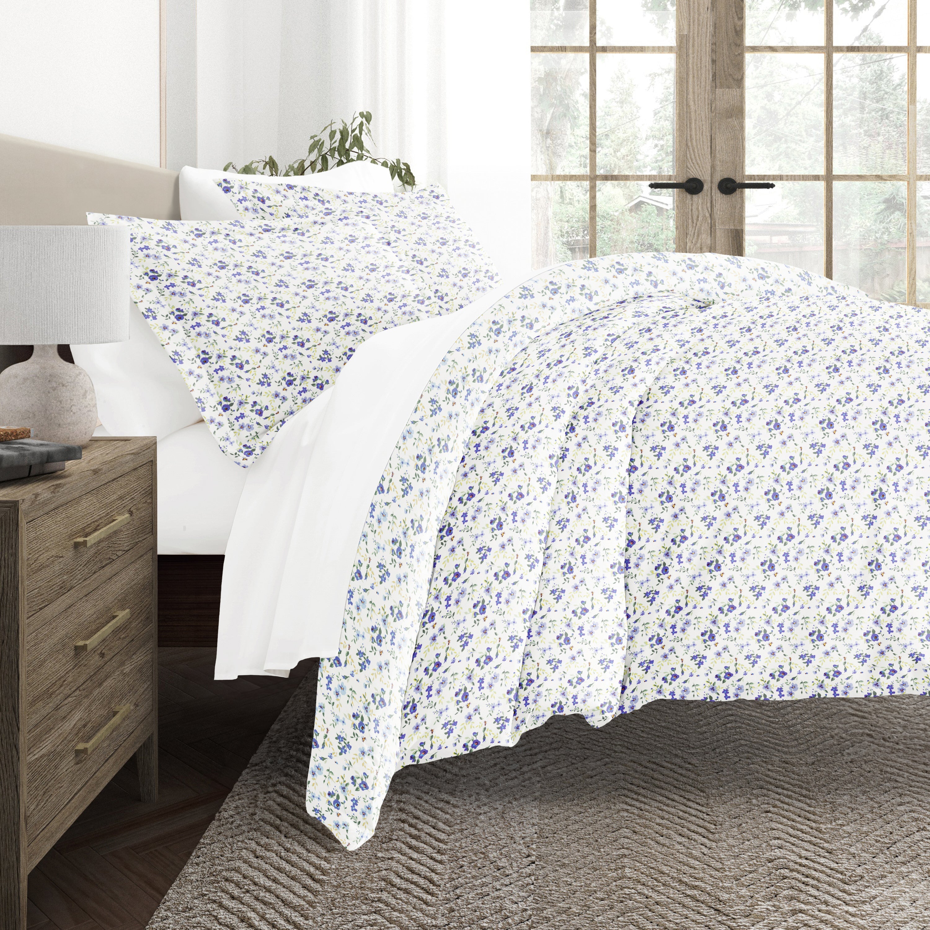 Blossoms Light Blue with White Sheets