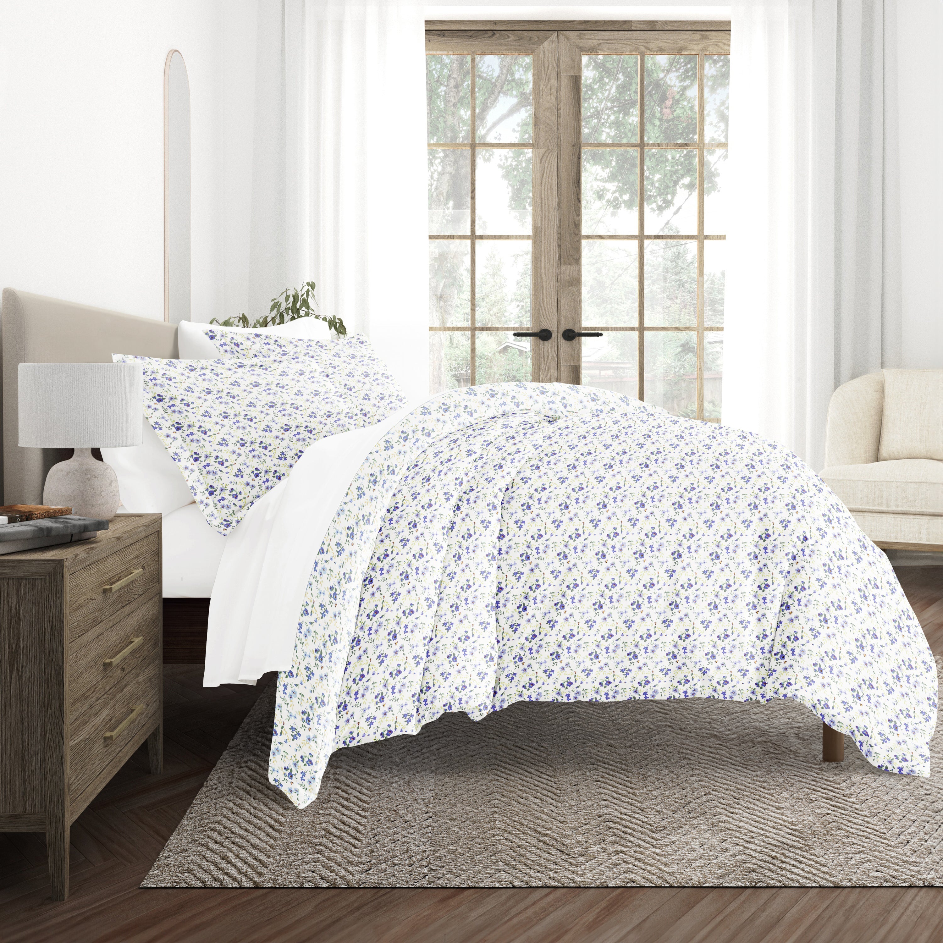 Blossoms Light Blue with White Sheets.Bedding Bundle: Pattern Duvet Cover Set, White Comforter and Solid Sheet Set
