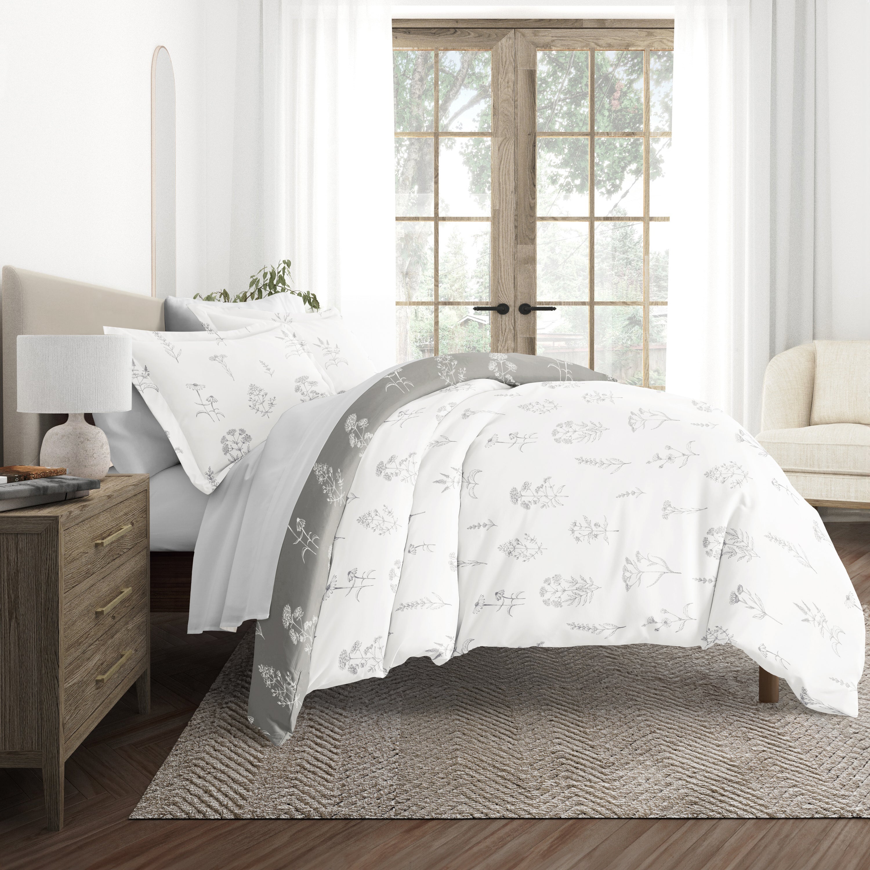 Botany Floral Light Gray with Light Gray Sheets.Bedding Bundle: Pattern Duvet Cover Set, White Comforter and Solid Sheet Set