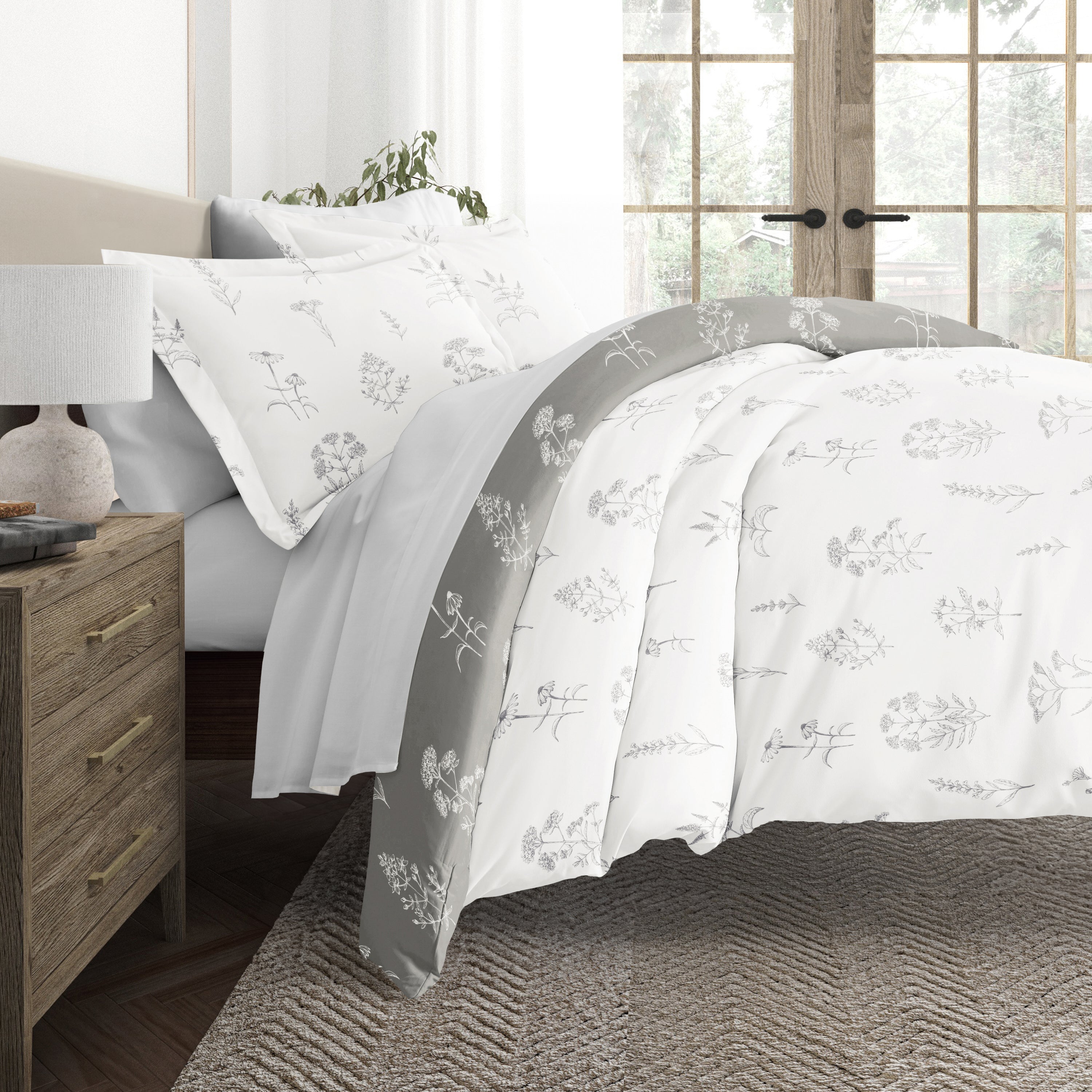 Botany Floral Light Gray with Light Gray Sheets.Bedding Bundle: Patterned Duvet Cover Set, White Comforter and Solid Sheet Set