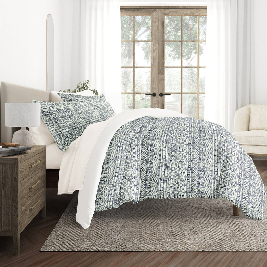 Modern Rustic Navy with Ivory Sheets.Bedding Bundle: Pattern Duvet Cover Set, White Comforter and Solid Sheet Set