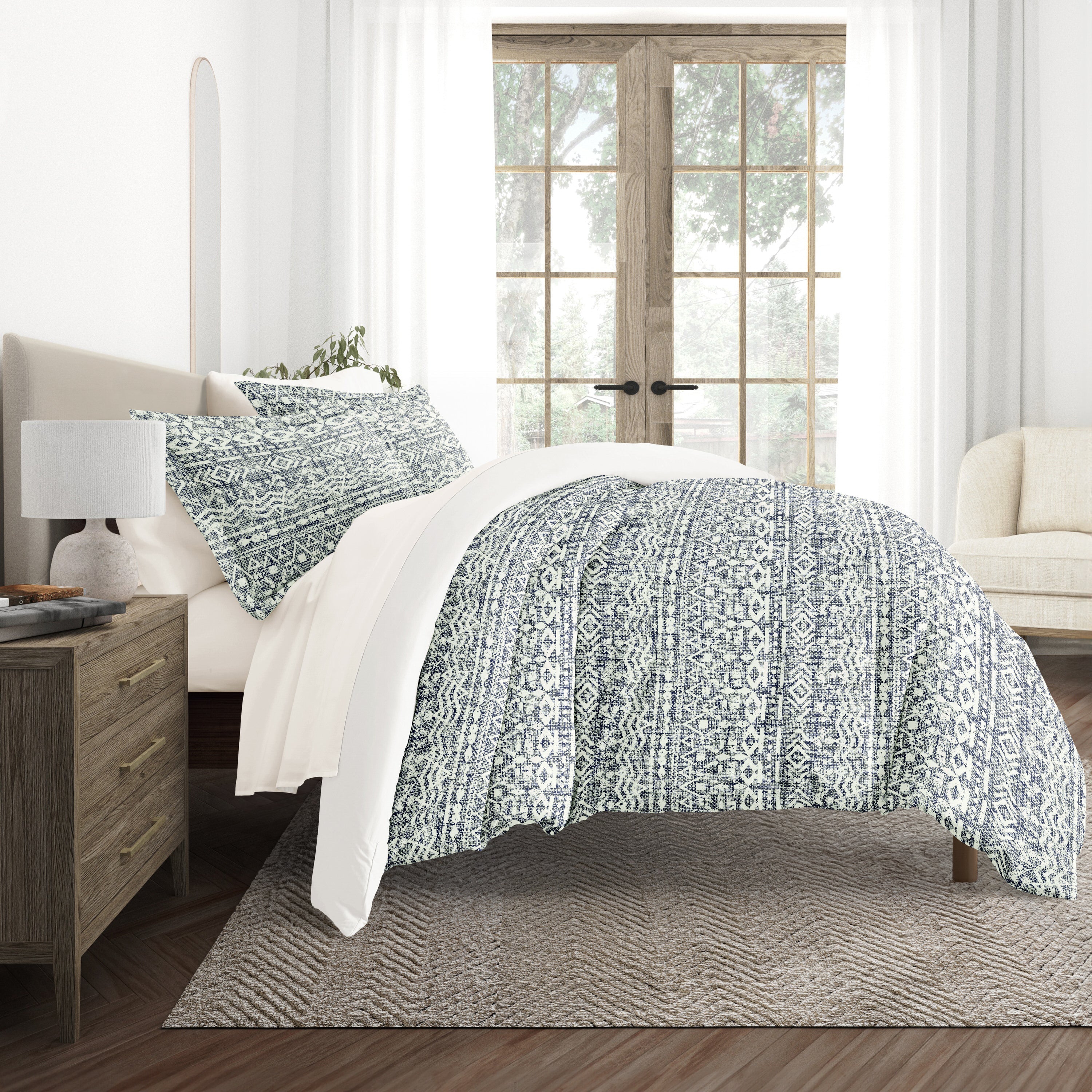 Modern Rustic Navy with Ivory Sheets.Bedding Bundle: Pattern Duvet Cover Set, White Comforter and Solid Sheet Set