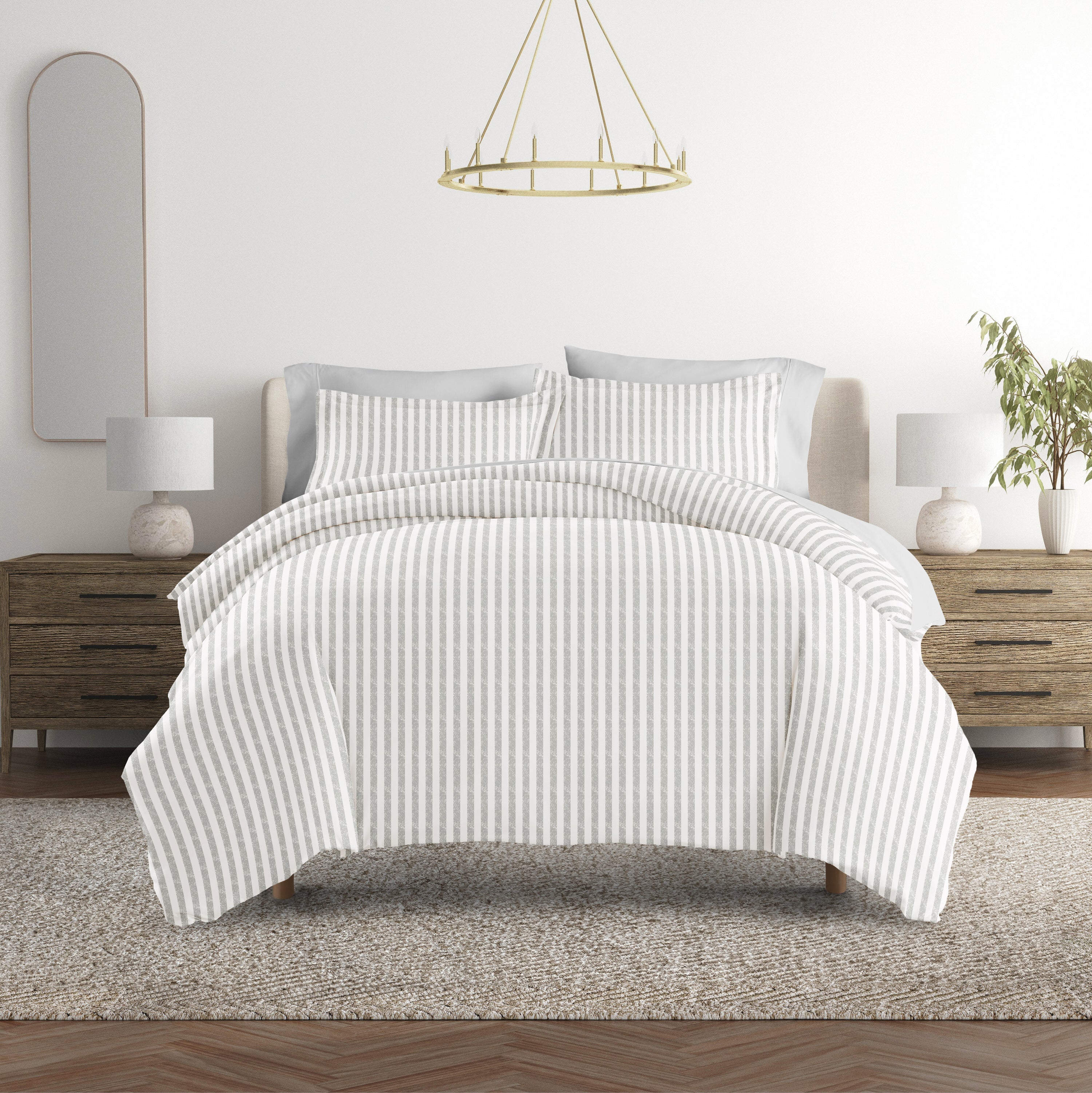 Puffed Stripes Light Gray with Light Gray Sheets.Bedding Bundle: Pattern Duvet Cover Set, White Comforter and Solid Sheet Set