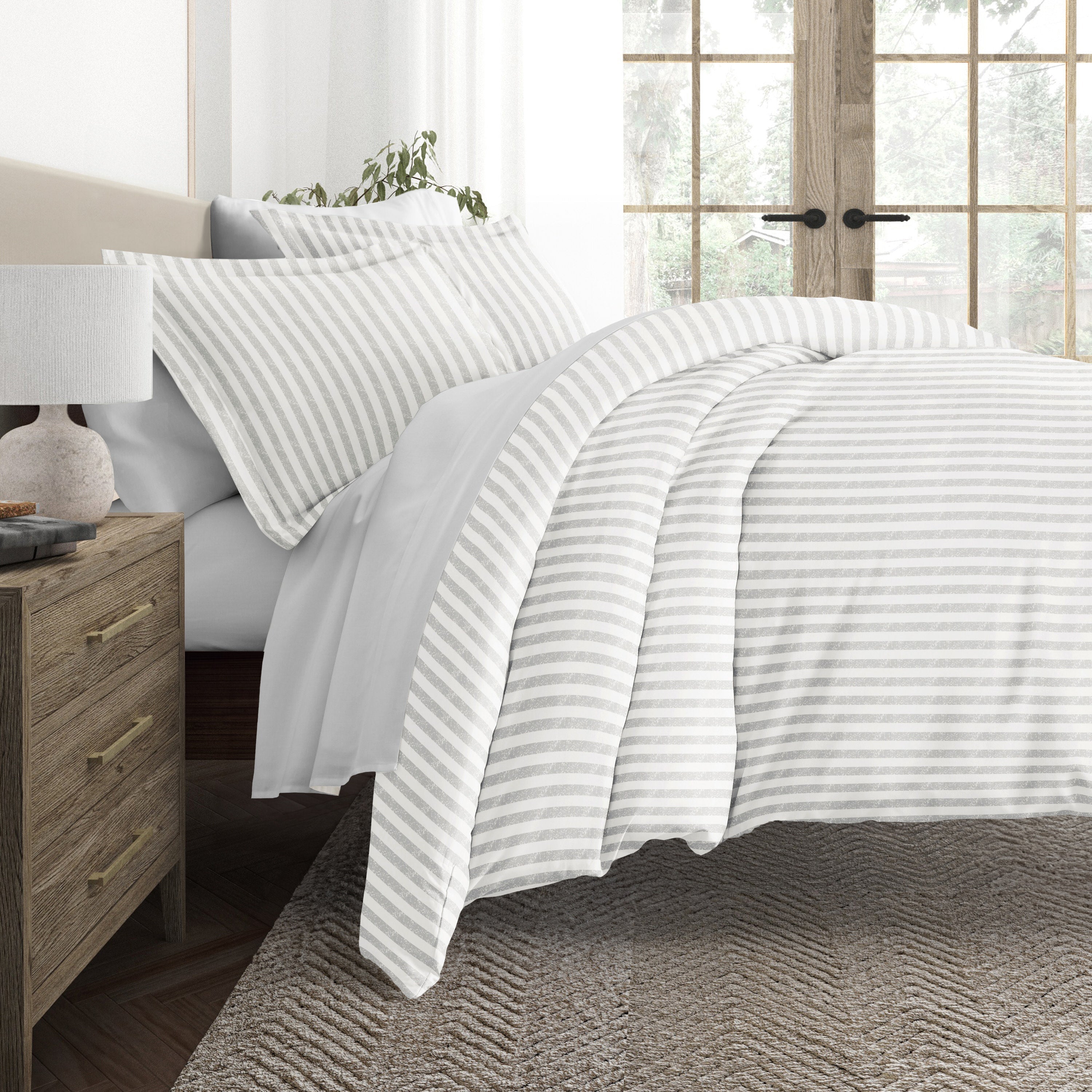 Puffed Stripes Light Gray with Light Gray Sheets.Bedding Bundle: Patterned Duvet Cover Set, White Comforter and Solid Sheet Set