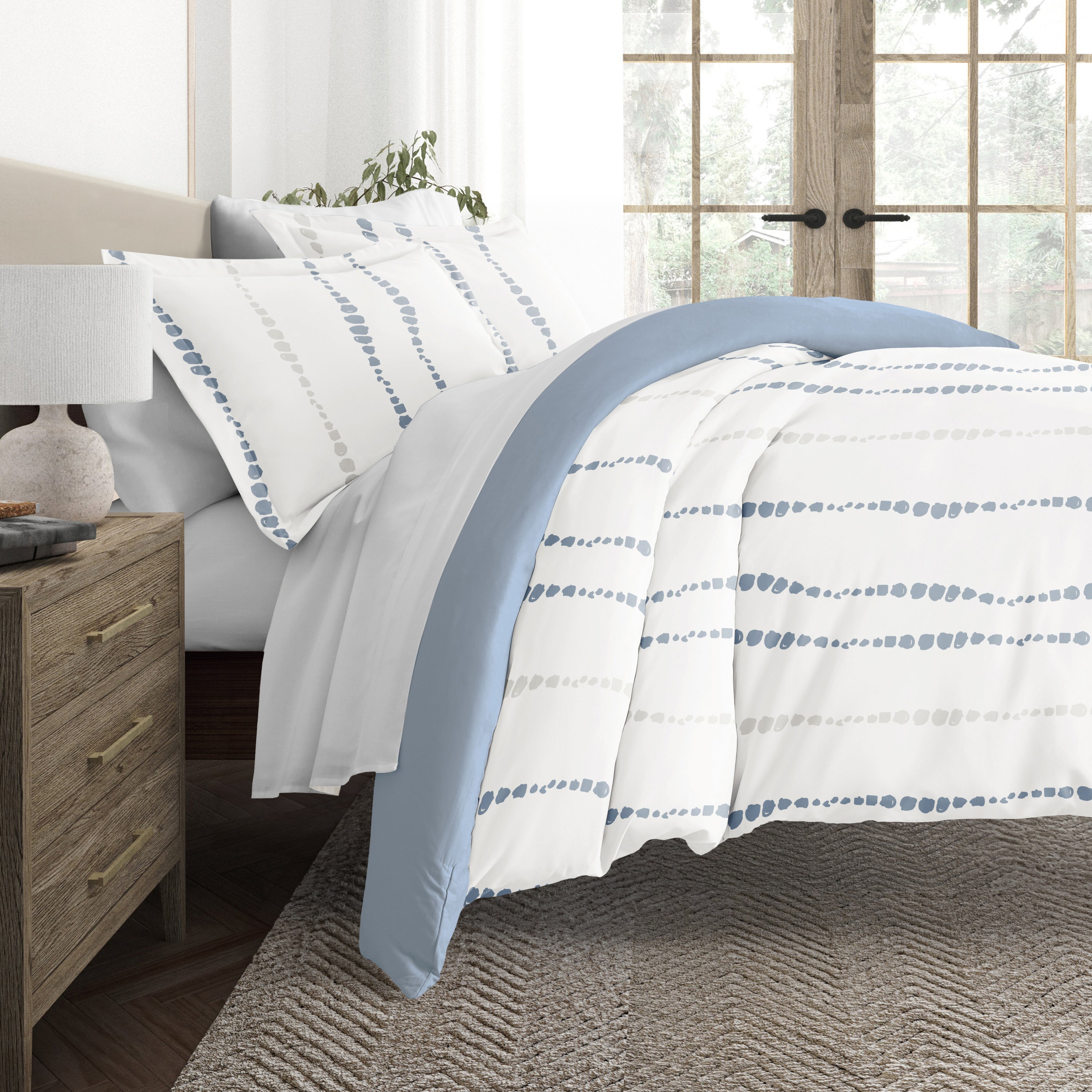 Urban Vibe Navy with Light Gray Sheets.Bedding Bundle: Pattern Duvet Cover Set, White Comforter and Solid Sheet Set