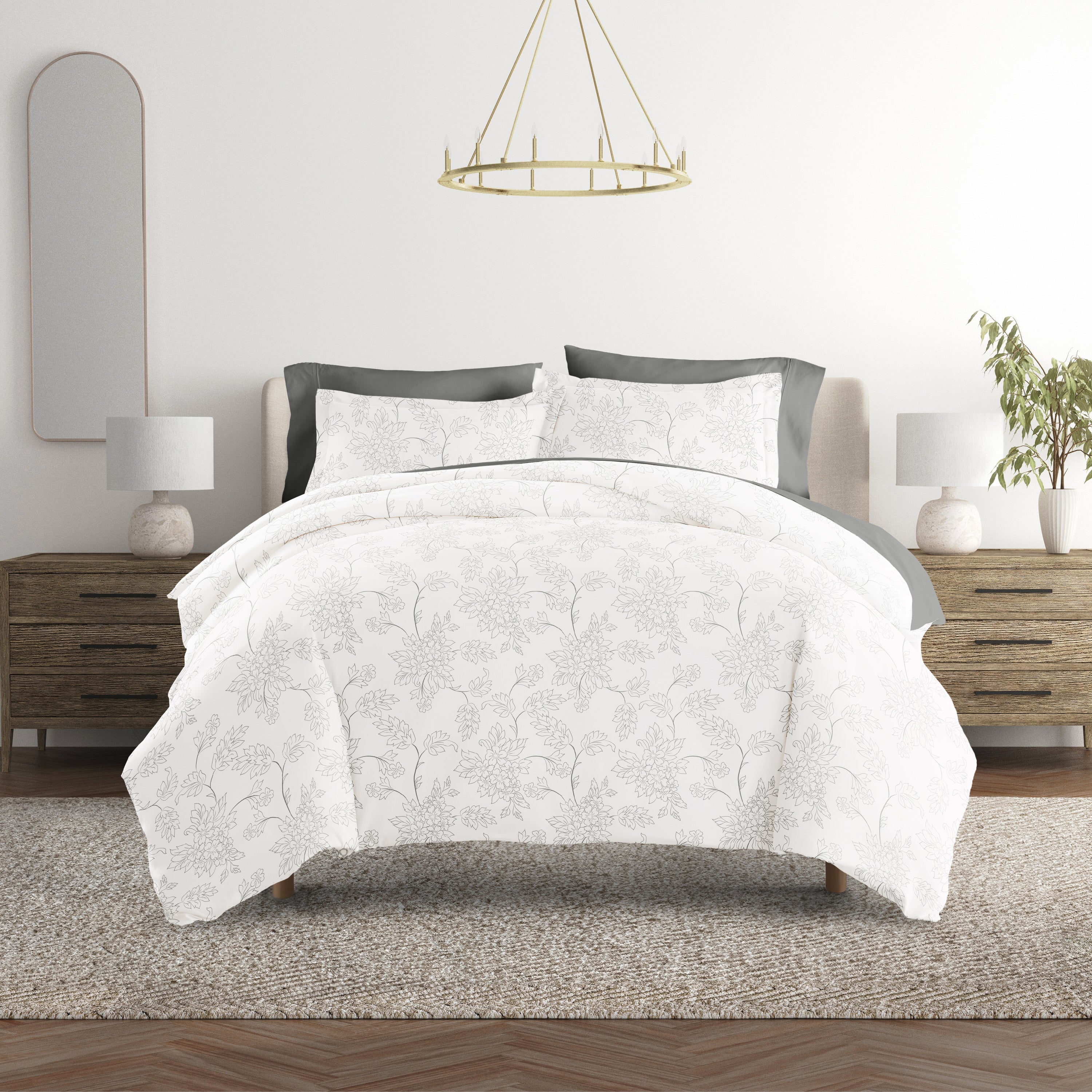 Vines Gray with Light Gray Sheets.Bedding Bundle: Pattern Duvet Cover Set, White Comforter and Solid Sheet Set