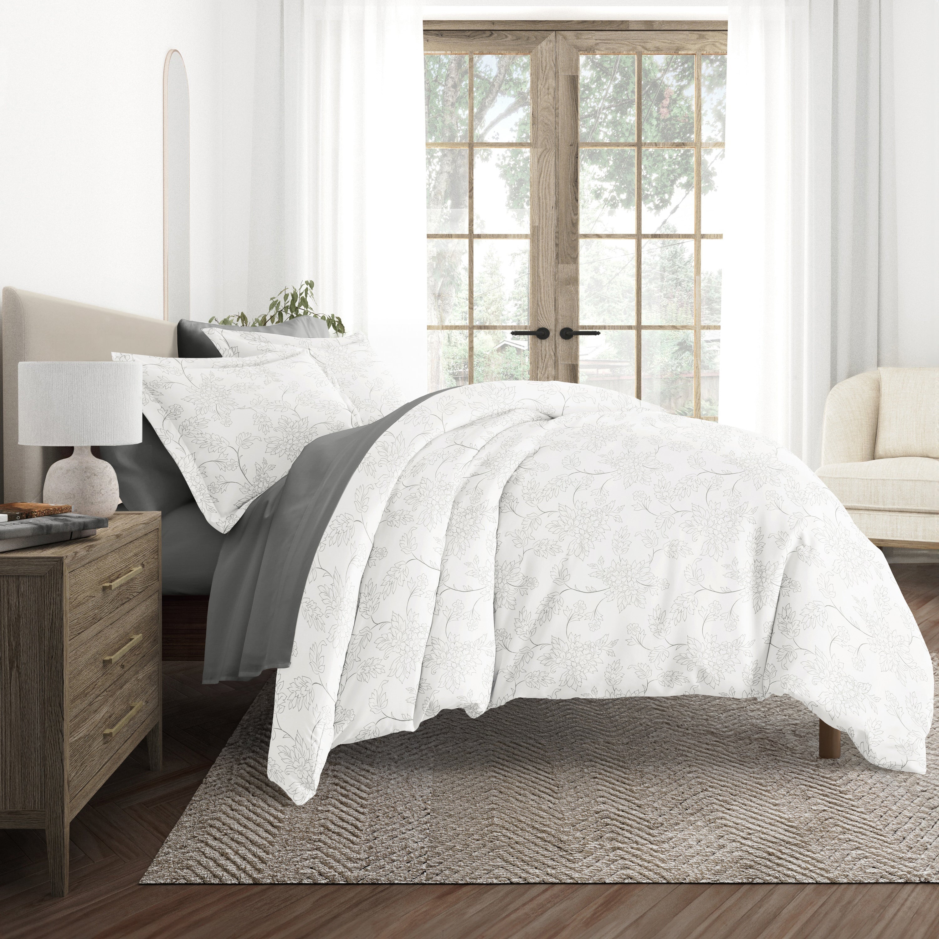 Vines Gray with Light Gray Sheets.Bedding Bundle: Pattern Duvet Cover Set, White Comforter and Solid Sheet Set