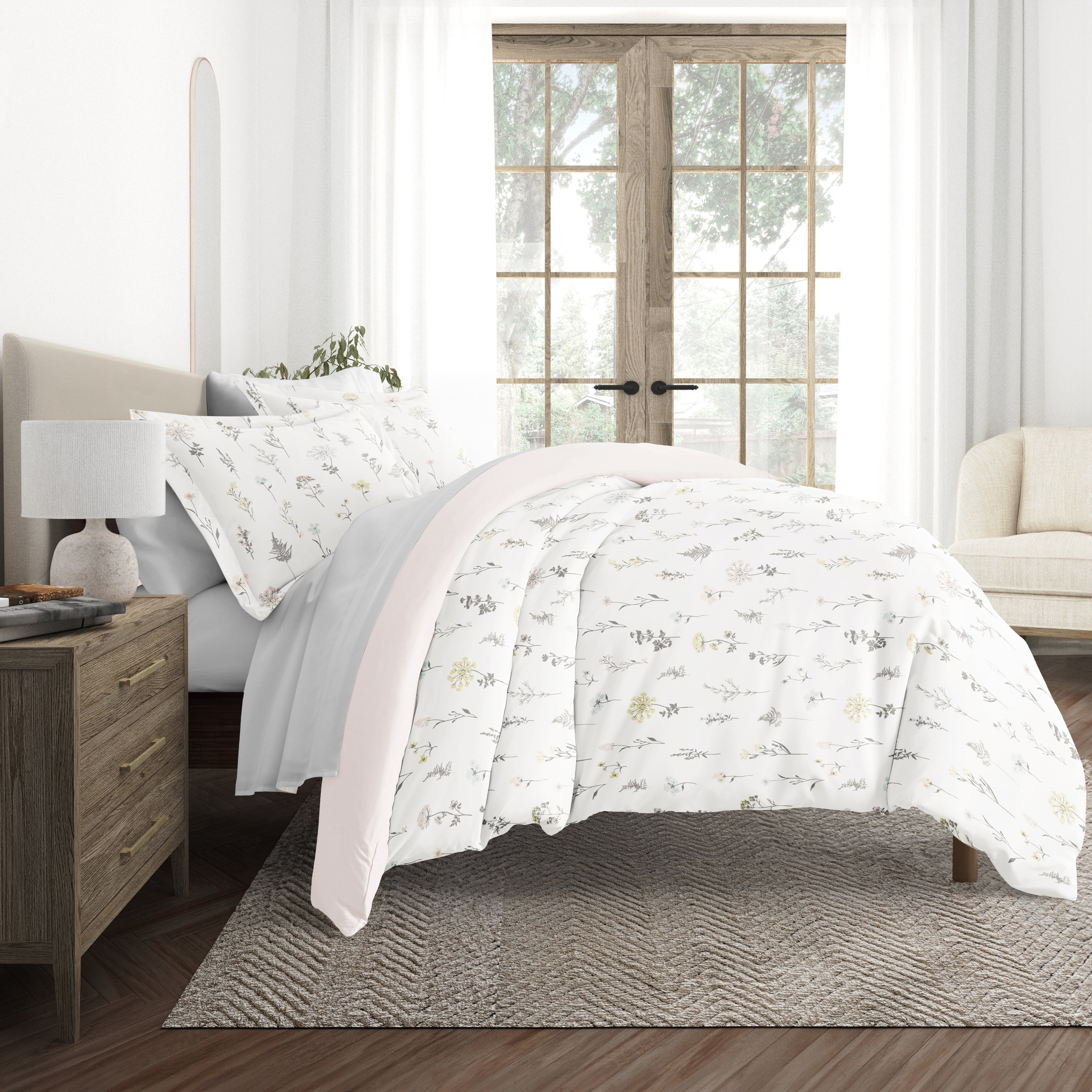Wildflower Pink with Light Gray Sheets Bedding Bundle: Pattern Duvet Cover Set, White Comforter and Solid Sheet Set